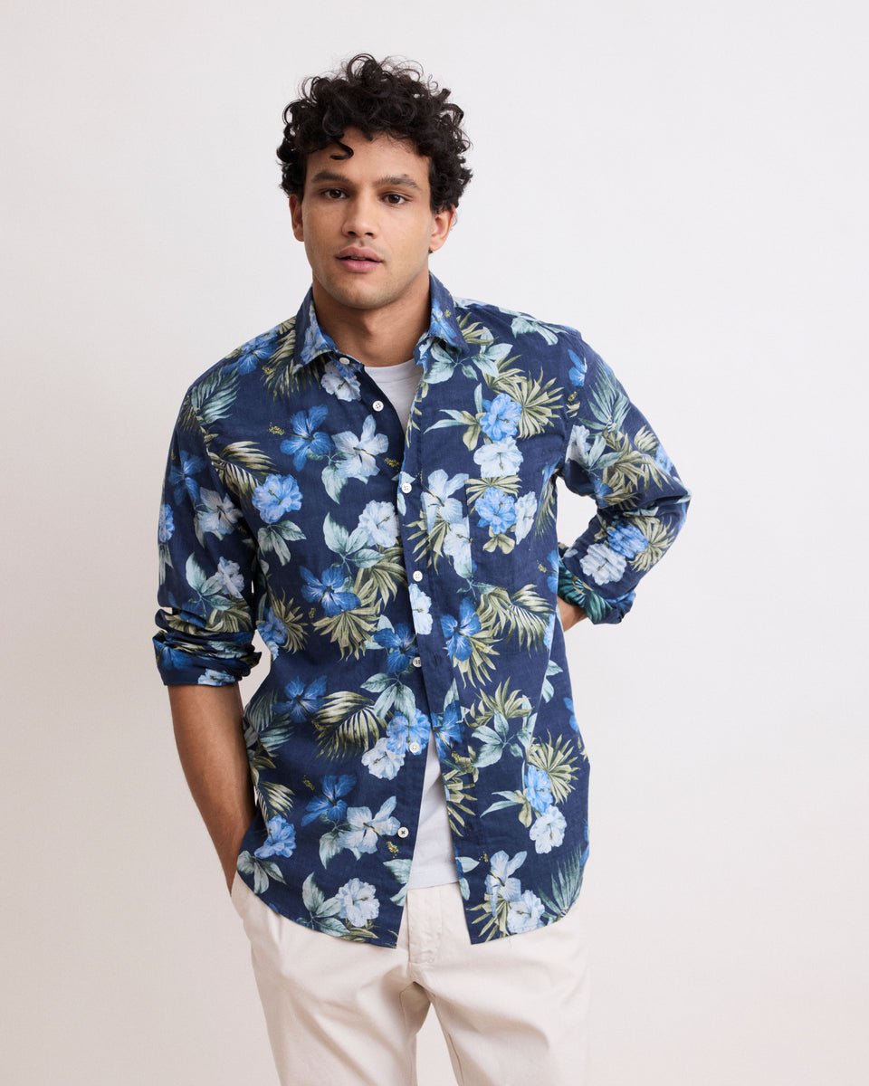 Camisa Paul con Estampado Hawaiano de Algodón Azul Marino para Hombre - Image alternative