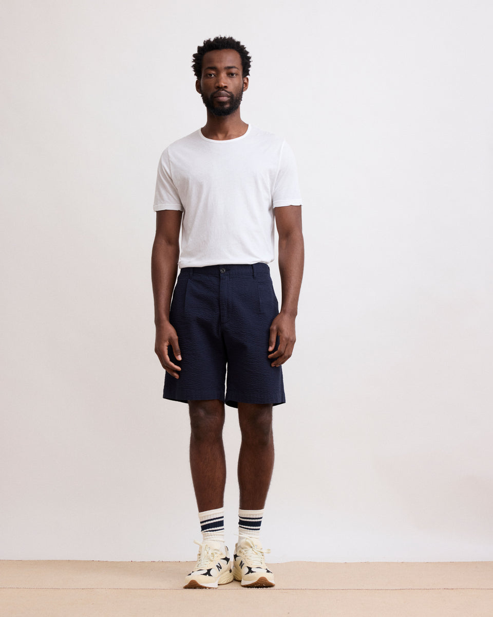 Pantaloncini brevi in cotone seersucker blu navy Tank - Image alternative