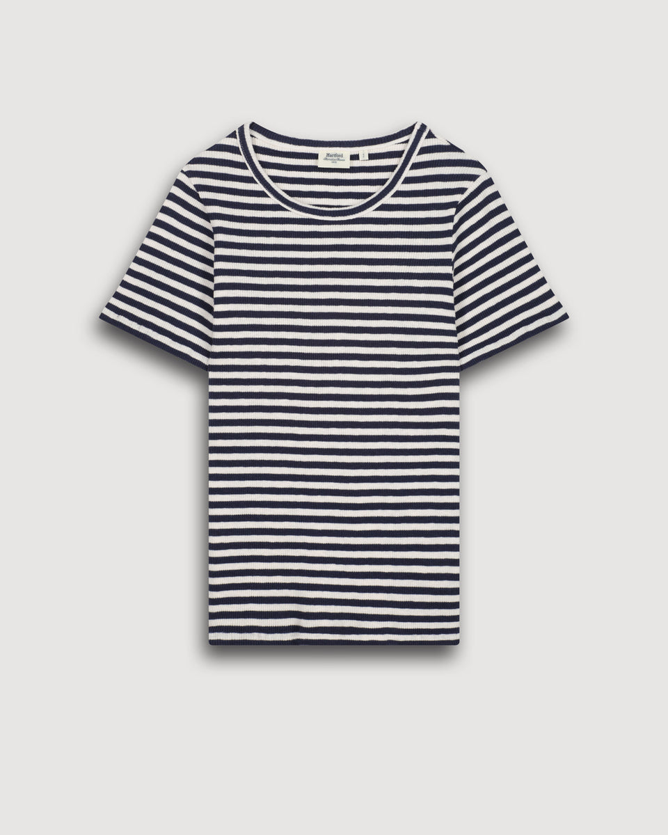 Tee Shirt Femme en Coton Côtelé Rayé Ecru & Bleu Marine Teofila - Image 3