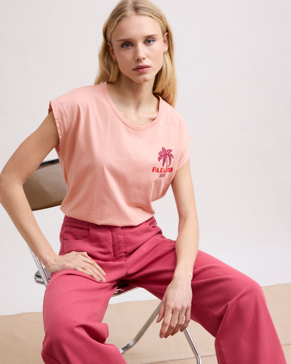 Teraiso dames-T-shirt van bedrukt katoen met perzikprint - Image principale