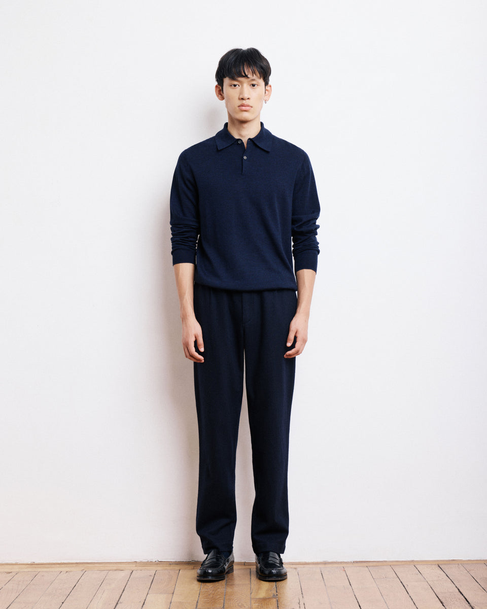 Pull Col Polo Homme en Fine Laine Mérinos Bleu Marine - Image alternative