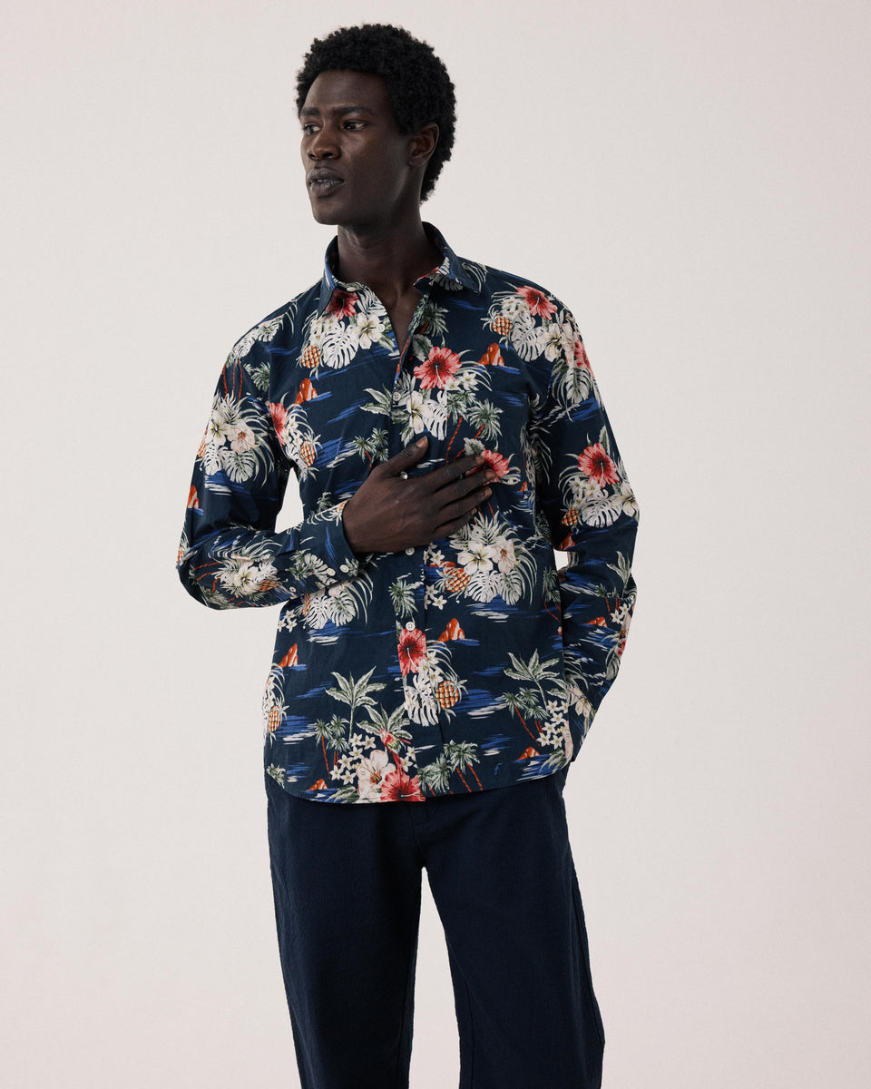 Chemise Homme en Coton Imprimé Tropical Bleu Marine Paul - Image principale
