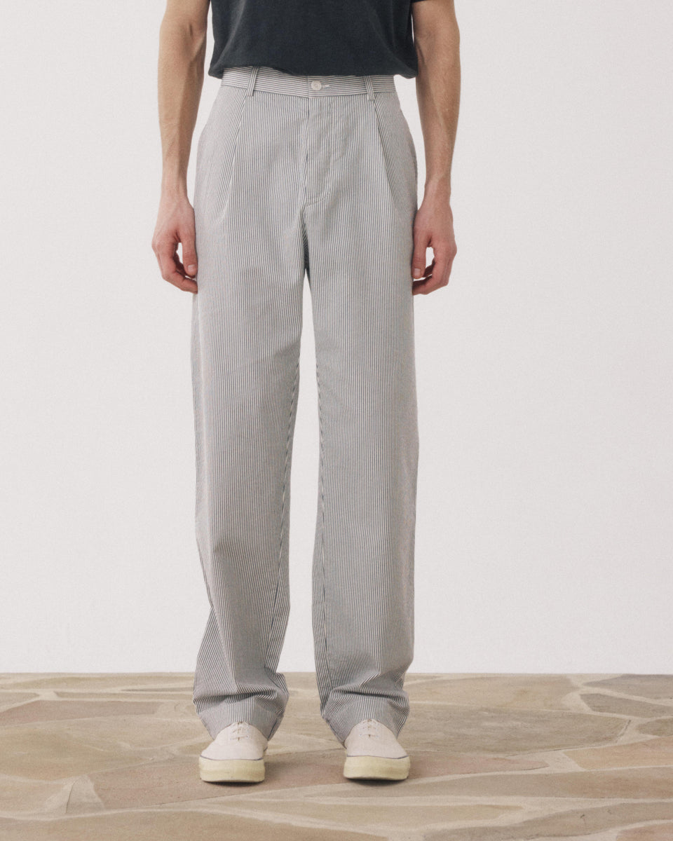 Pantalon Homme en Seersucker 'Canete' rayé Marine & Ecru Task - Image alternative