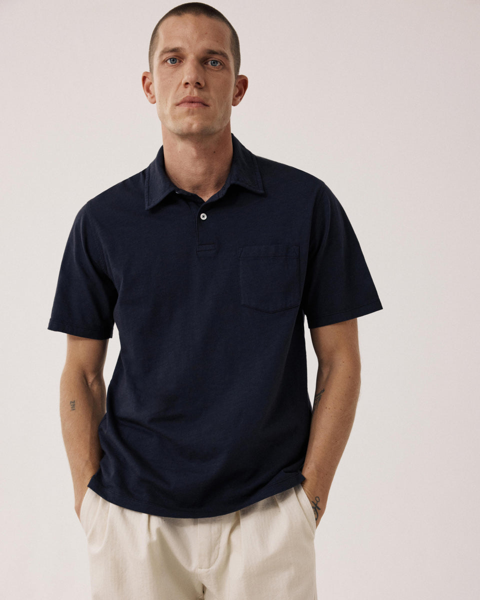 Polo Homme en Coton Slub Bleu Nuit - Image principale