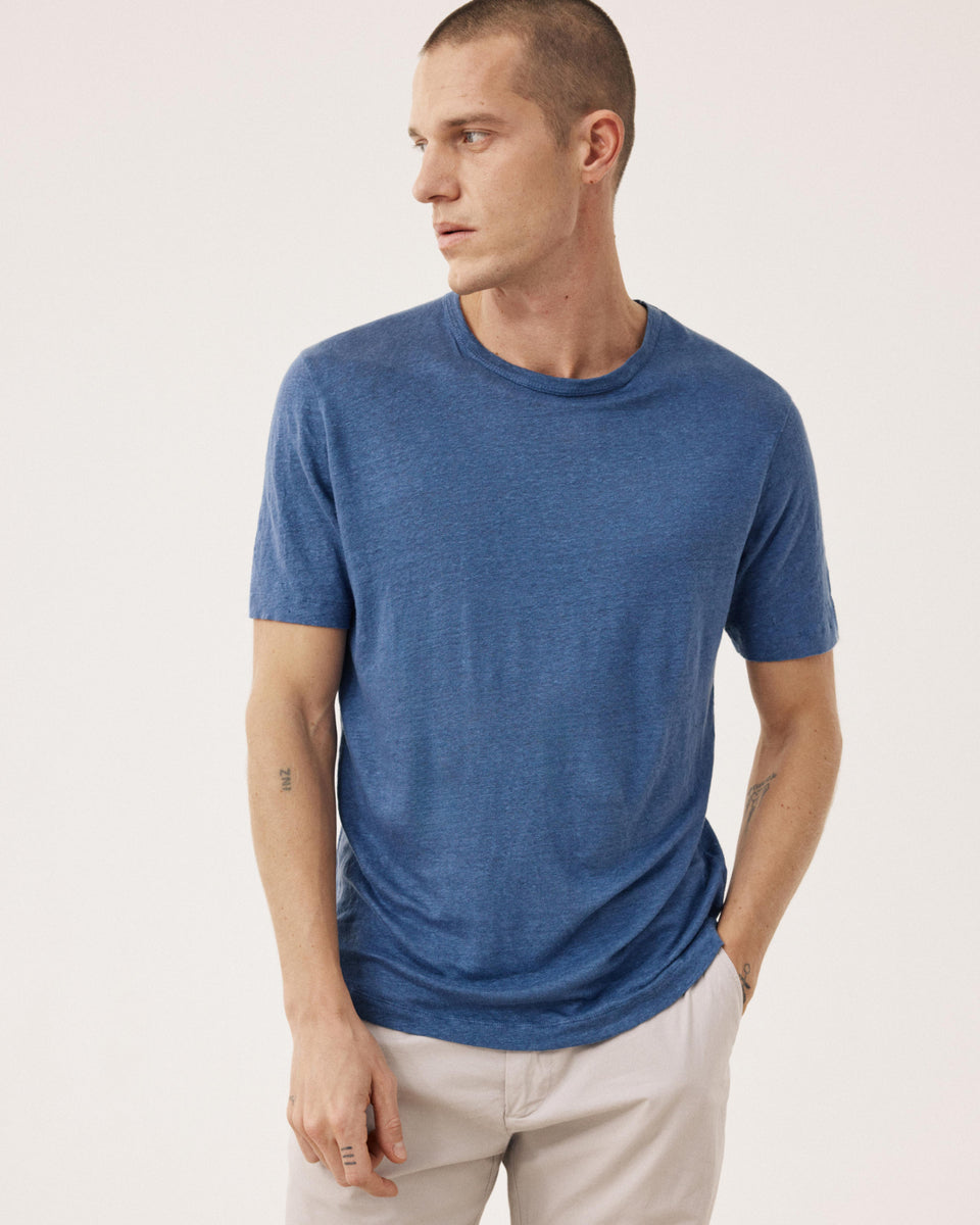 T-shirt Homme en Lin Bleu Denim Crew - Image principale