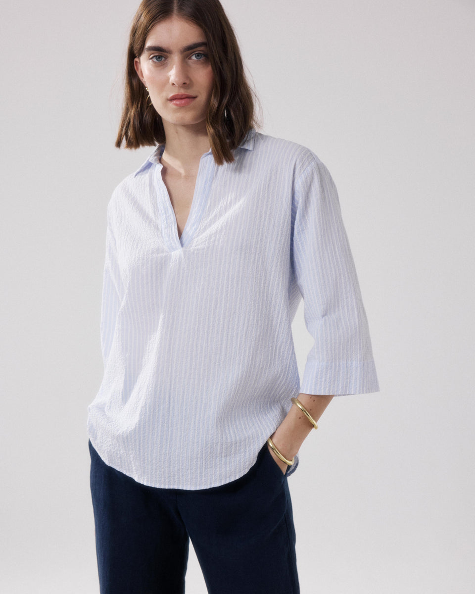 Blouse Femme en Seersucker Blanc & Bleu Cola - Image principale