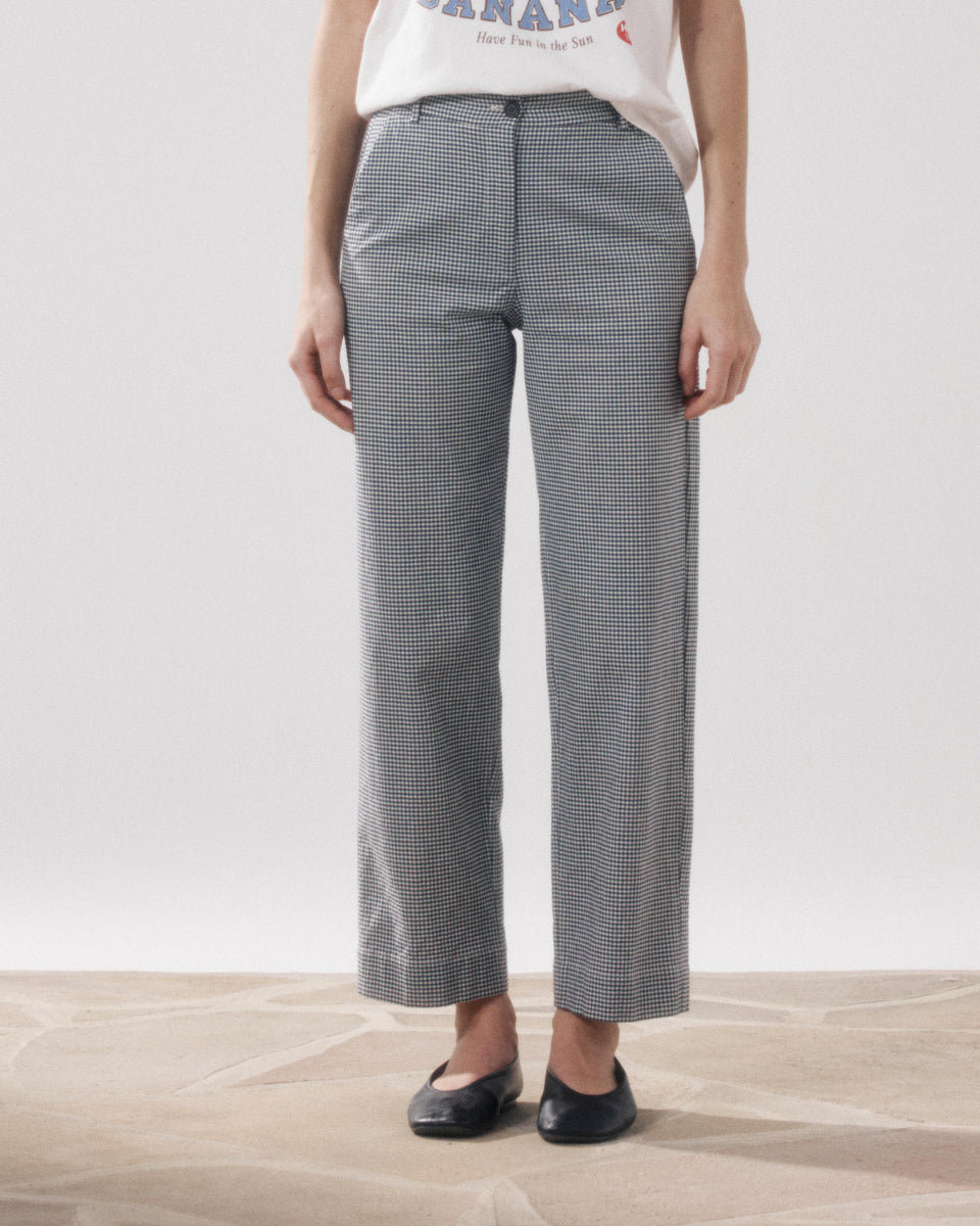 Pantalon Femme en Coton Imprimé Carreaux Vichy Beige & Bleu Marine Perf - Image 3