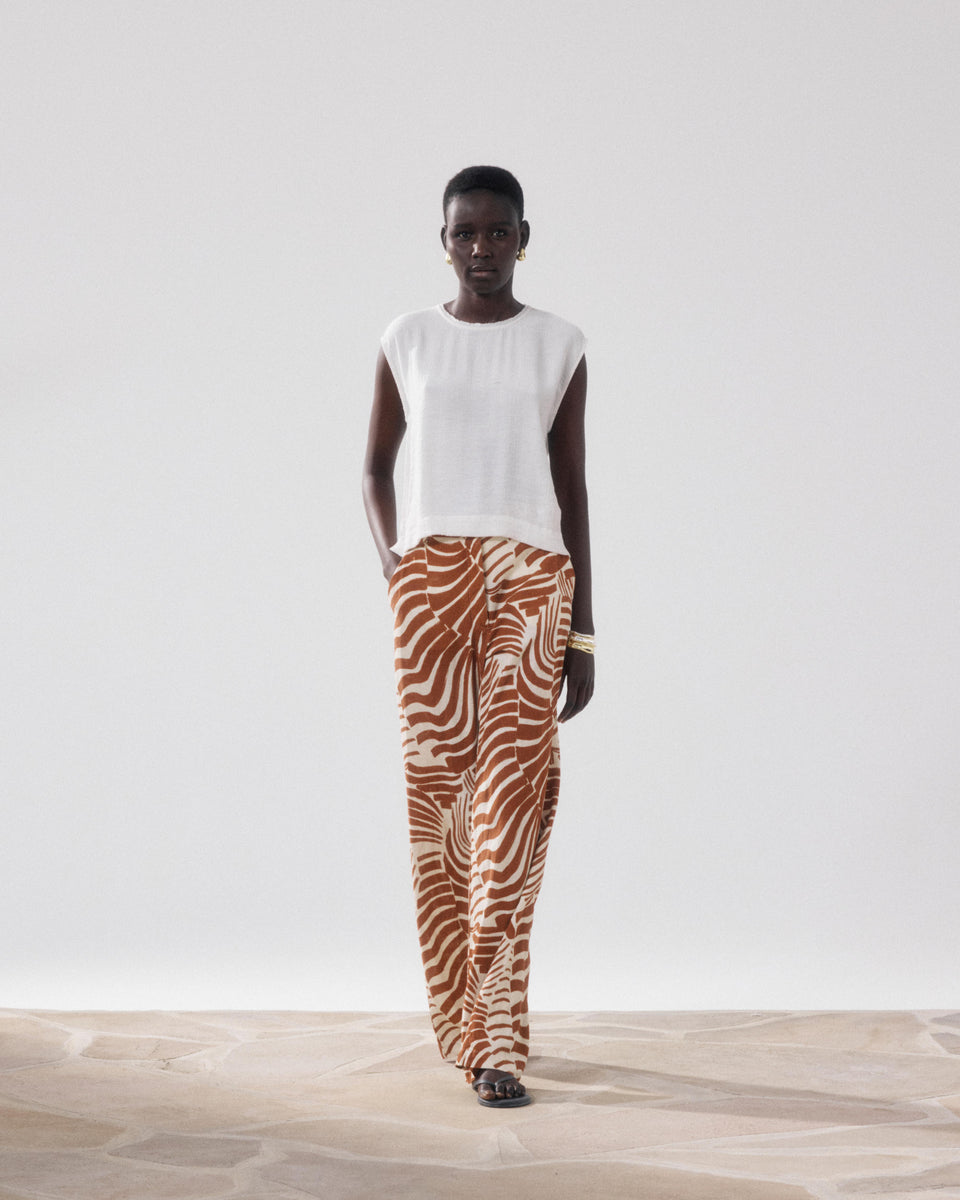 Pantalon Femme en Lin & Viscose Imprimé Ecru & Marron Positano - Image principale