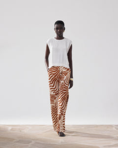 Pantalon Femme en Lin & Viscose Imprimé Ecru & Marron Positano