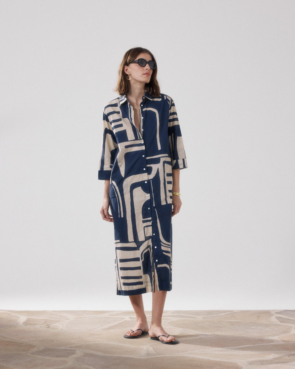 Robe Femme en Coton Imprimé Beige & Bleu Reflexion - Image alternative