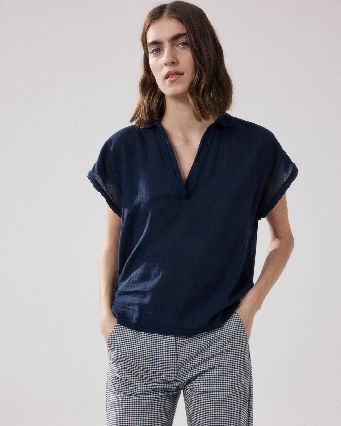 Women's Bi-fabric Cotton T-shirt in Midnight Blue Tuggen BFTA500-11