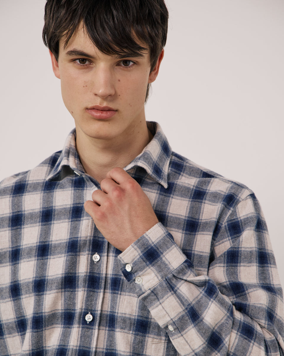 Chemise Homme en Flanelle à Carreaux Ecru & Bleu Paul - Image 3