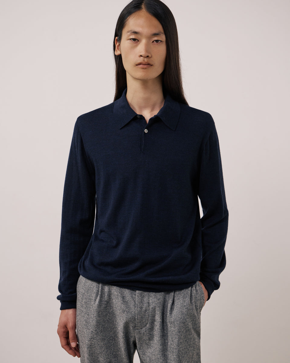 Jersey de lana extrafina azul marino para hombre Merino Polo - Image principale
