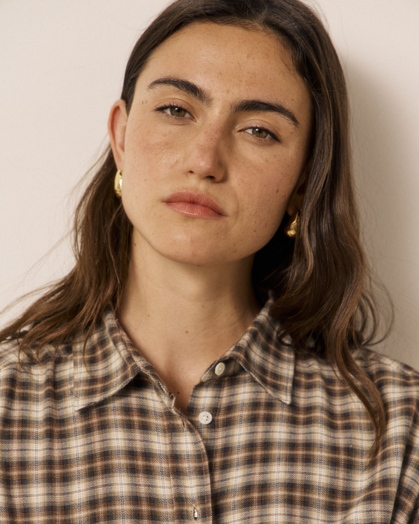 Chemise Femme en Viscose & Coton à Carreaux Marron Cinema