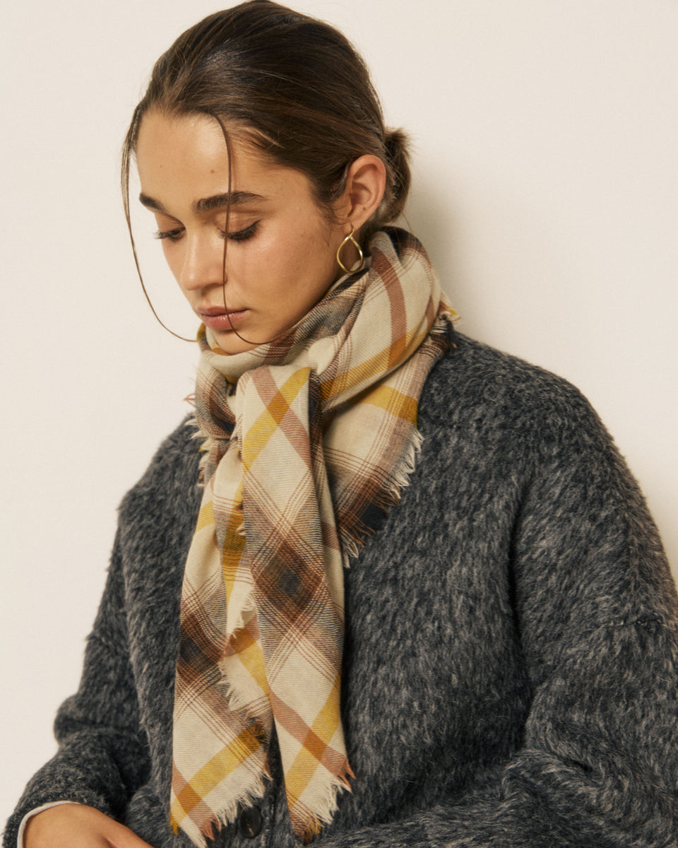 Echarpe Femme en Laine à Carreaux Beige & Jaune - Image 2
