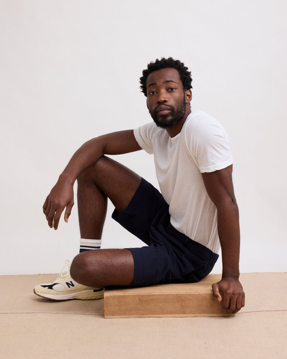 Pantaloncini brevi in cotone seersucker blu navy Tank - Image principale