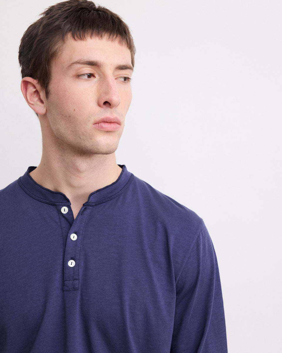 Tee Shirt Homme en Coton Slub Bleu Marine Henley - Image 3