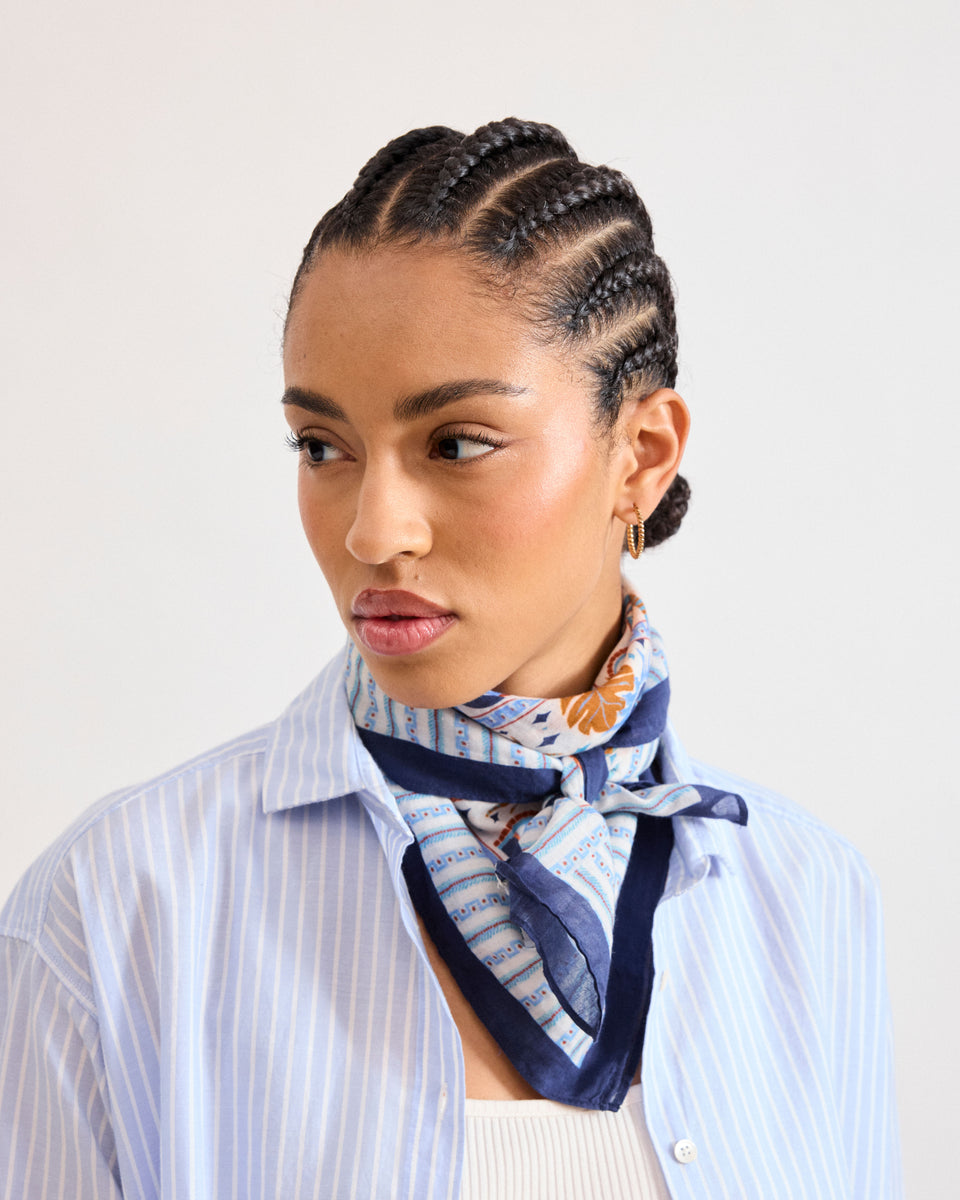 Bandana voor dames van ecru katoenvoile & Moon Blue - Image principale