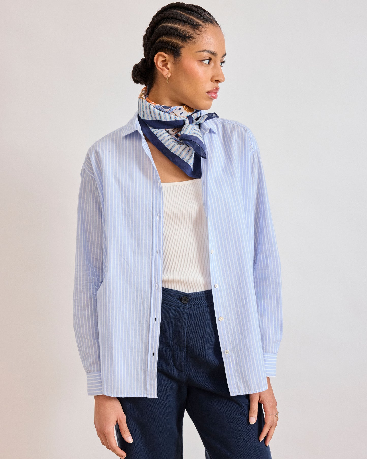 Dameshemd van gestreepte katoenen Popeline, blauw Charlot