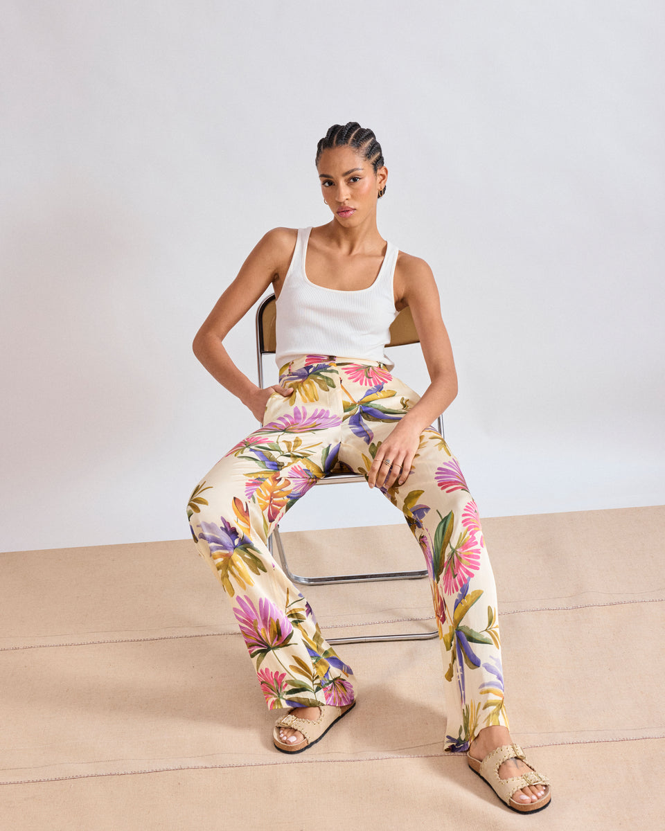 Damenhose aus bedruckter Viskose mit mehrfarbigem Blumenmuster Positano - Image principale