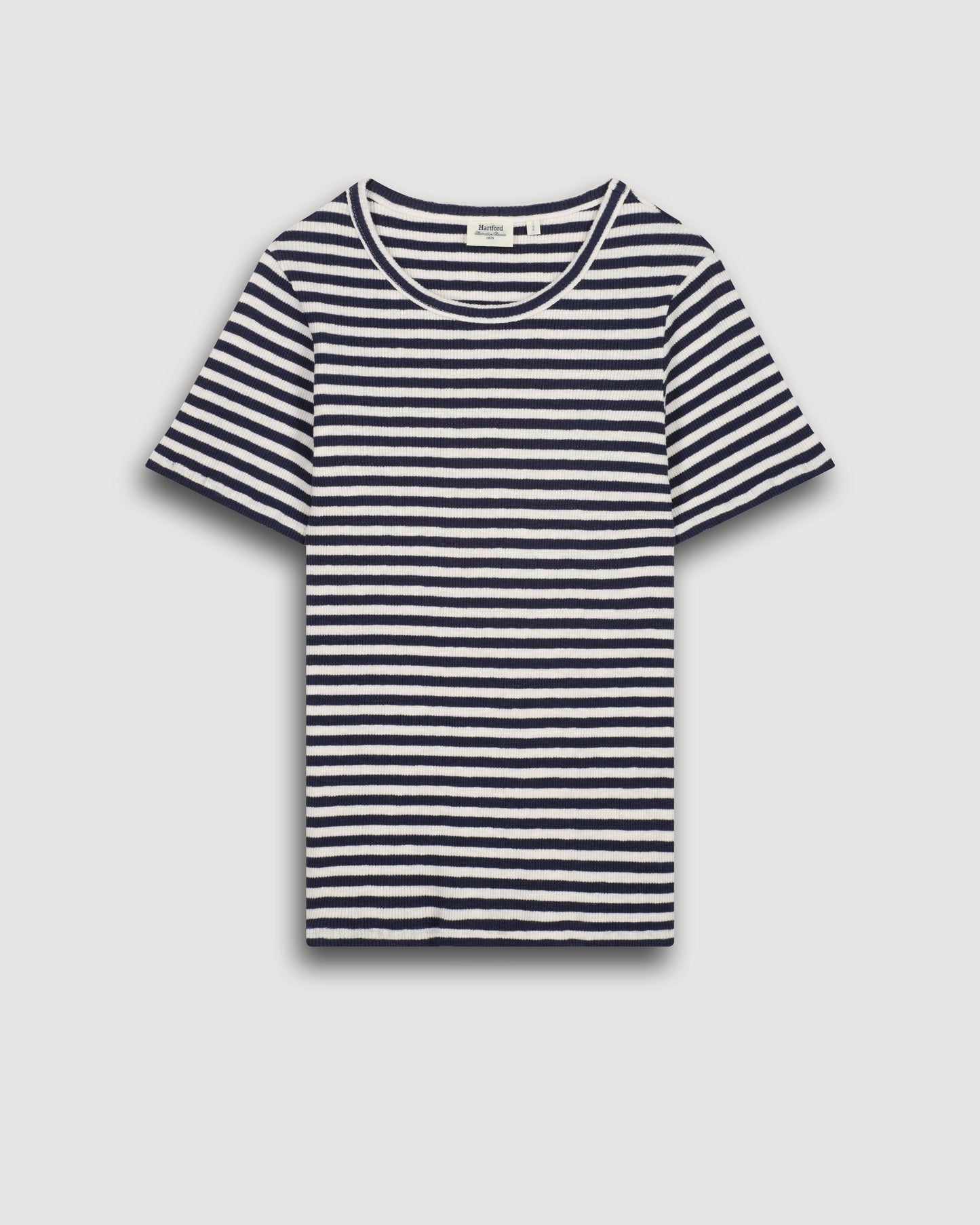 Dames T-shirt van geribd katoen met strepen in ecru en marineblauw Teofila