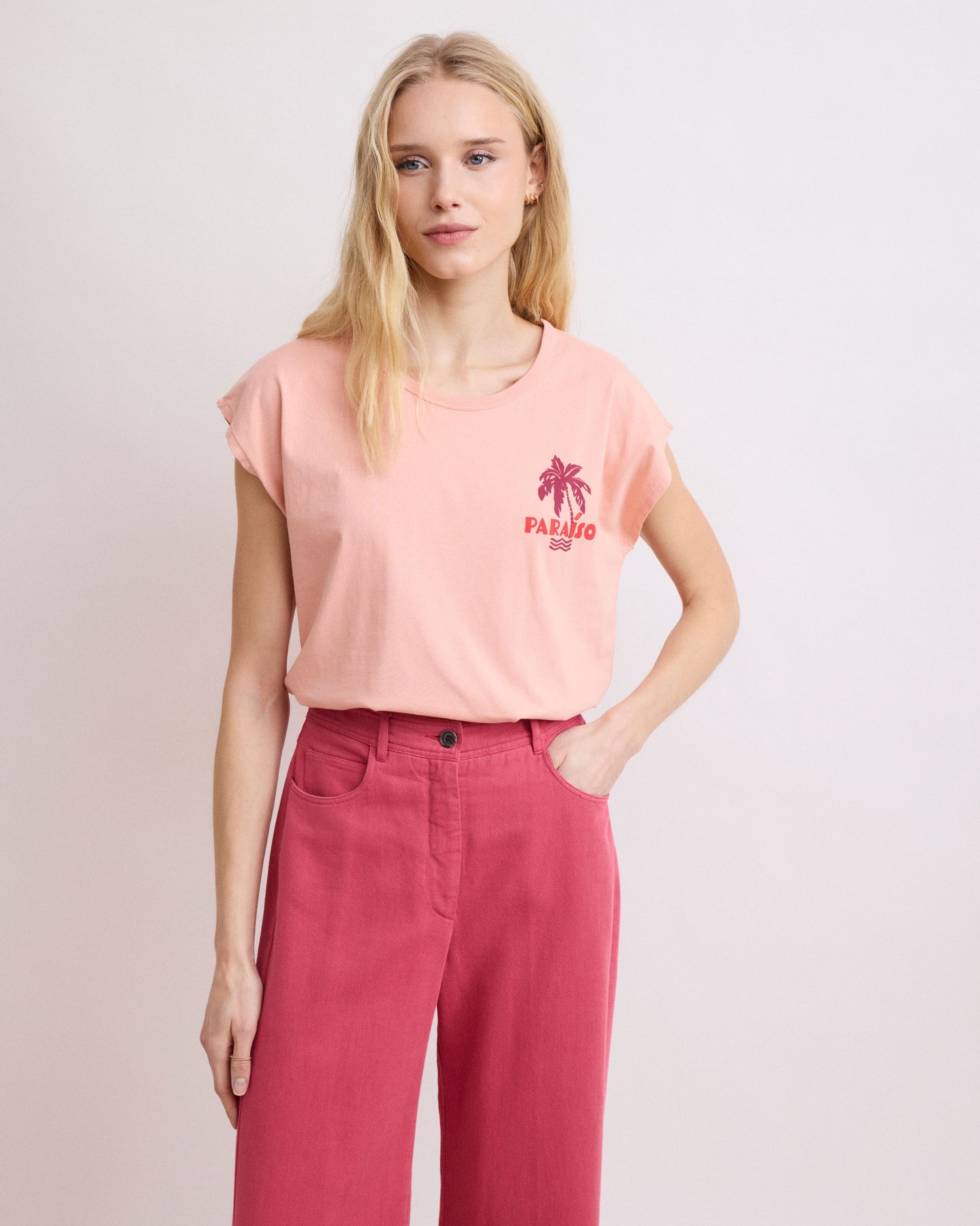 Teraiso dames T-shirt van bedrukt katoen met perzikprint