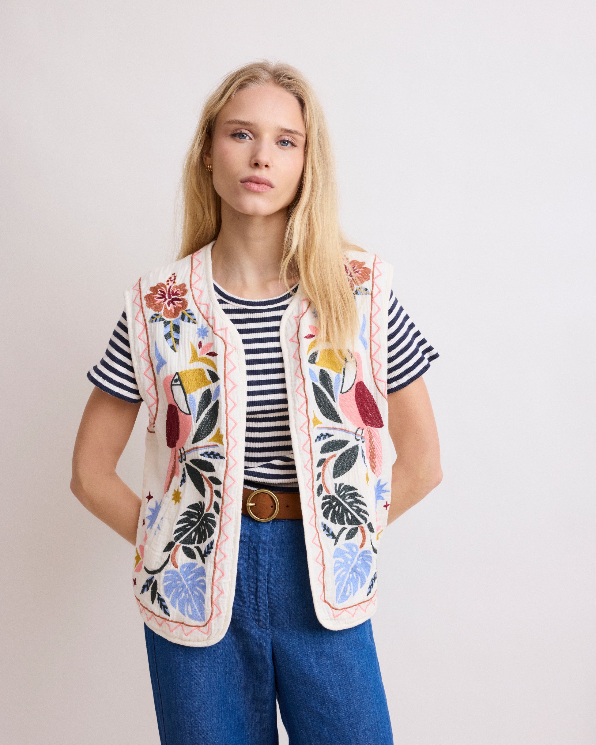 Veste Femme en Gaze de Coton Brodée Multicolore Viva