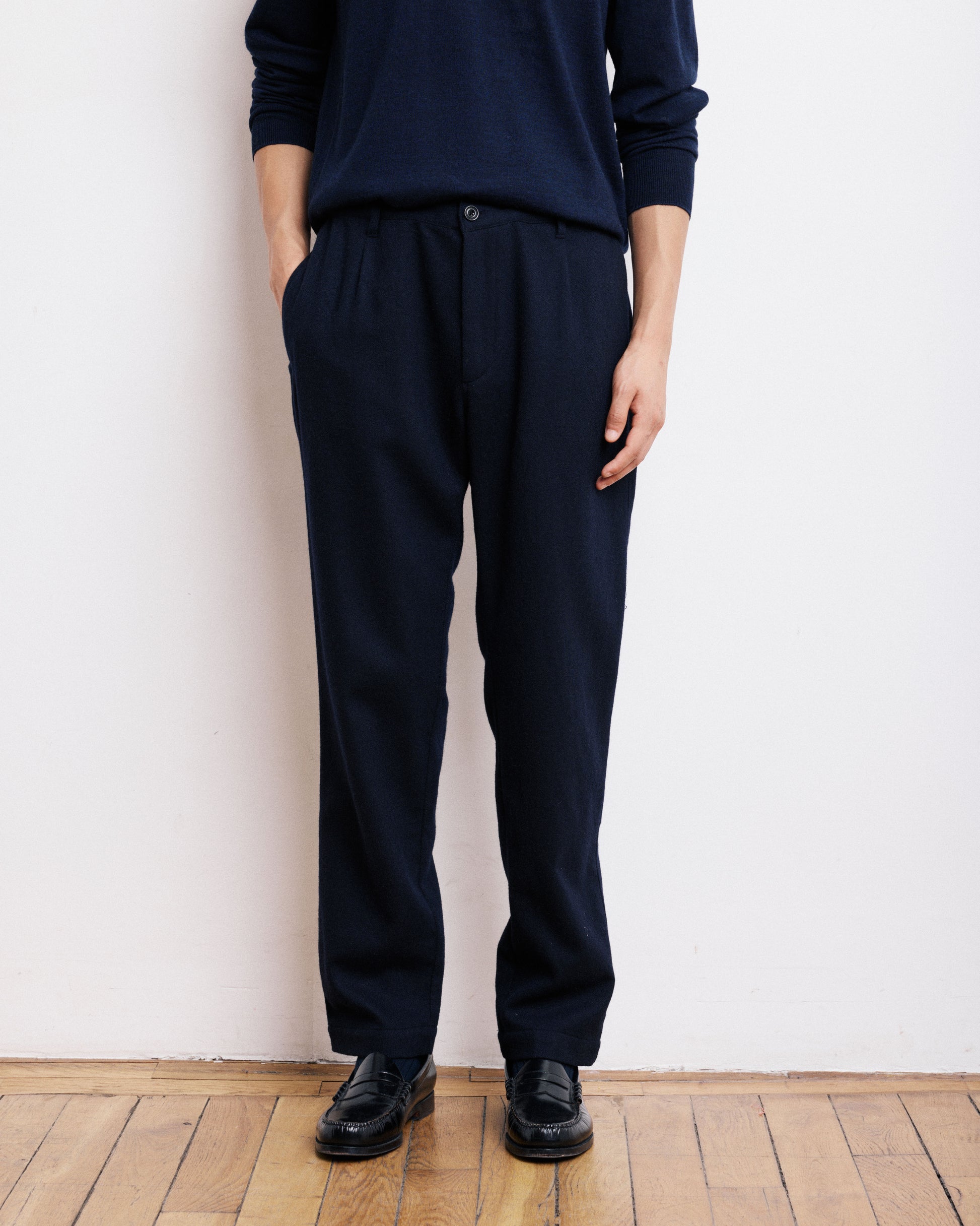 Pantalon Homme en Flanelle de Laine Bleu Marine Tanker