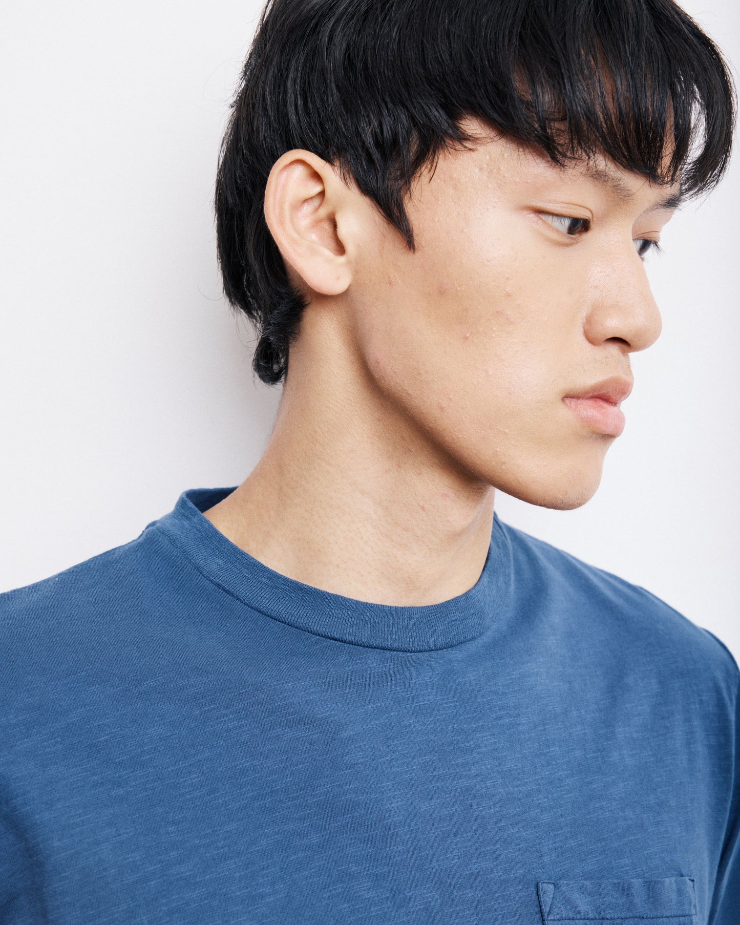 T-Shirt Homme en Coton Slub Bleu Cobalt Pocket Crew