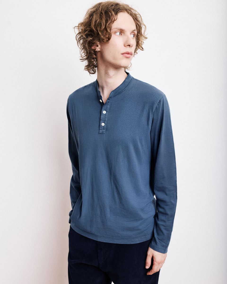 Heren T-shirt van slubkatoen Cobaltblauw Henley - Image principale