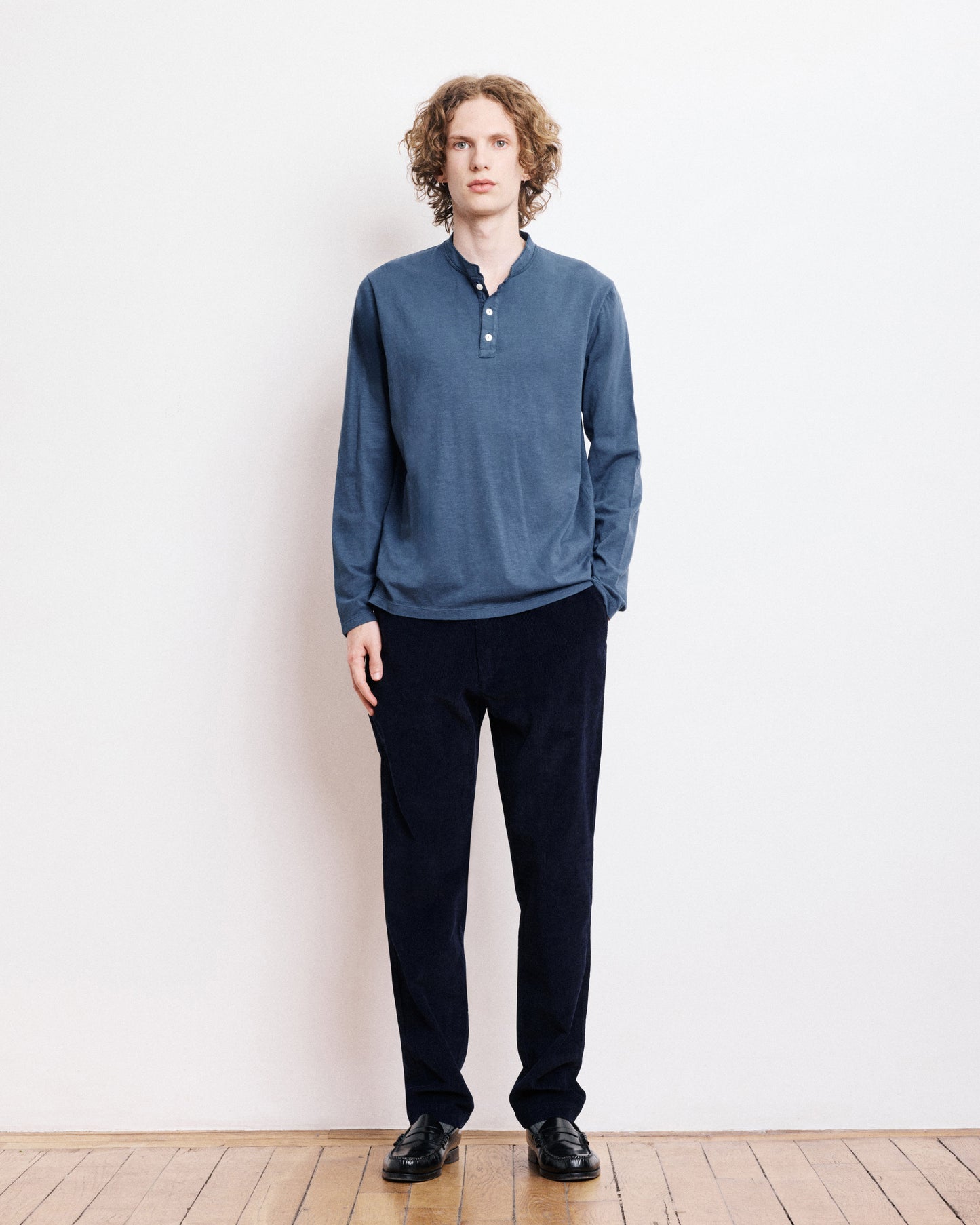Heren T-shirt van slubkatoen Cobaltblauw Henley