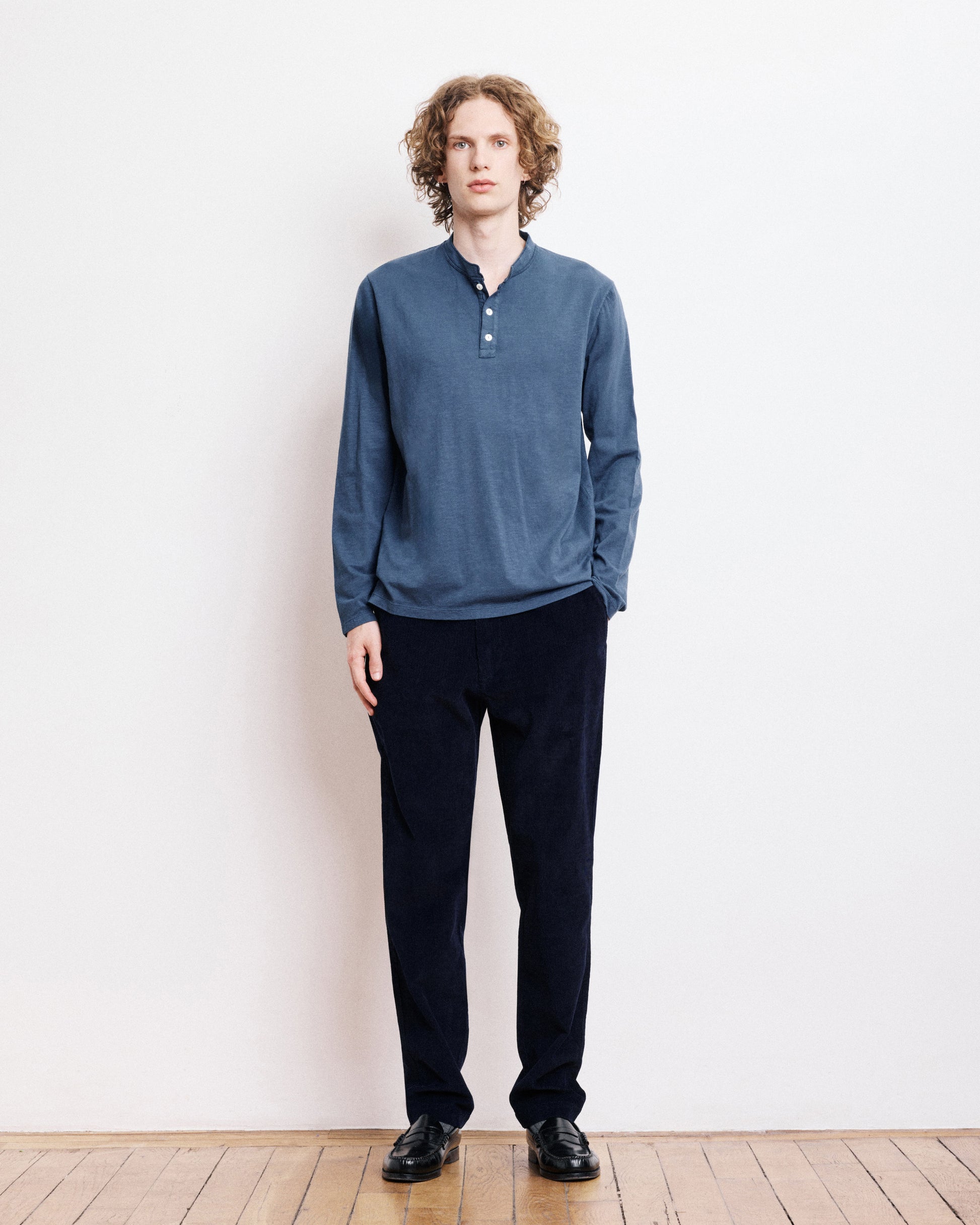 Heren T-shirt van slubkatoen Cobaltblauw Henley