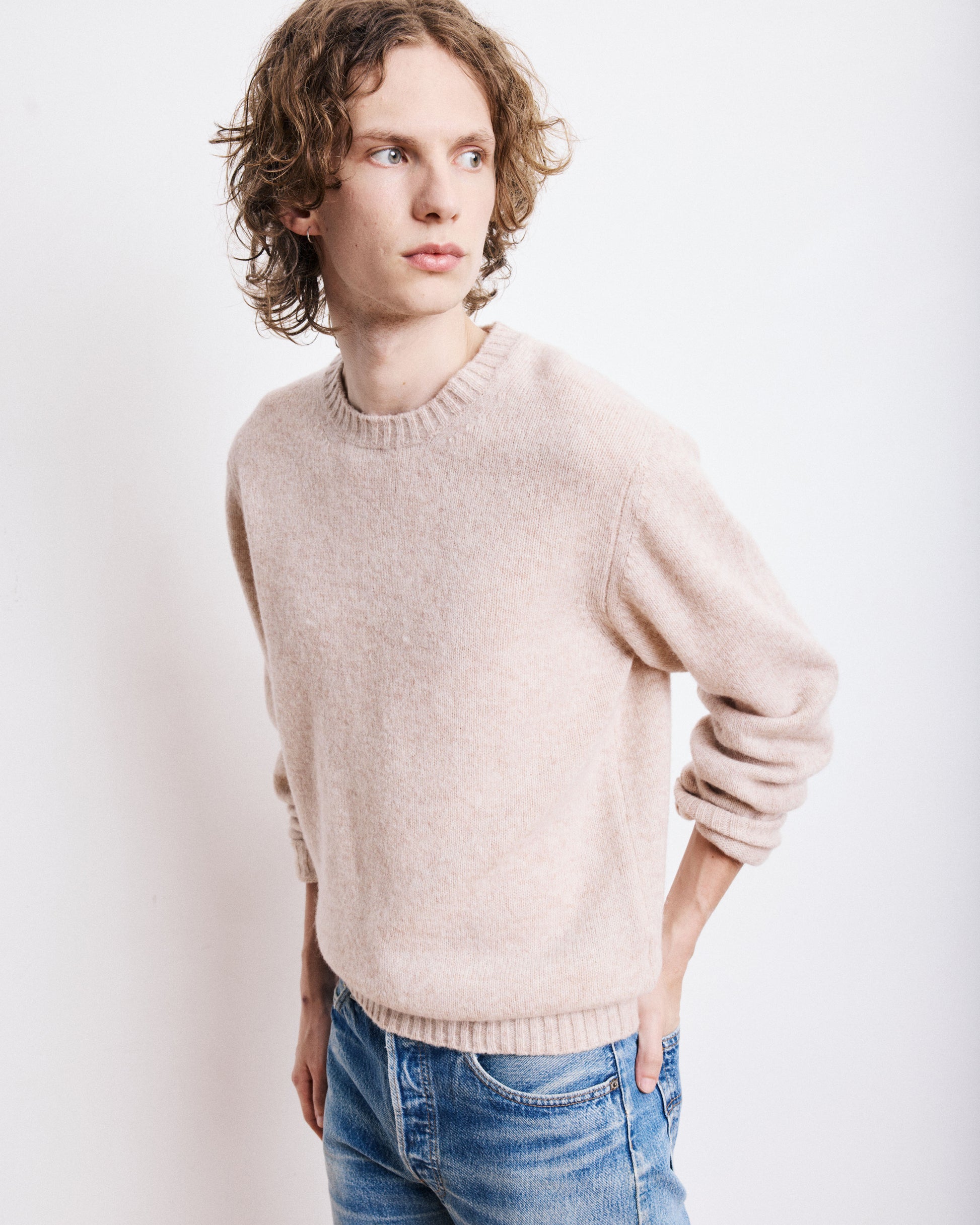 Pull Col Rond Homme en Laine Shetland Beige