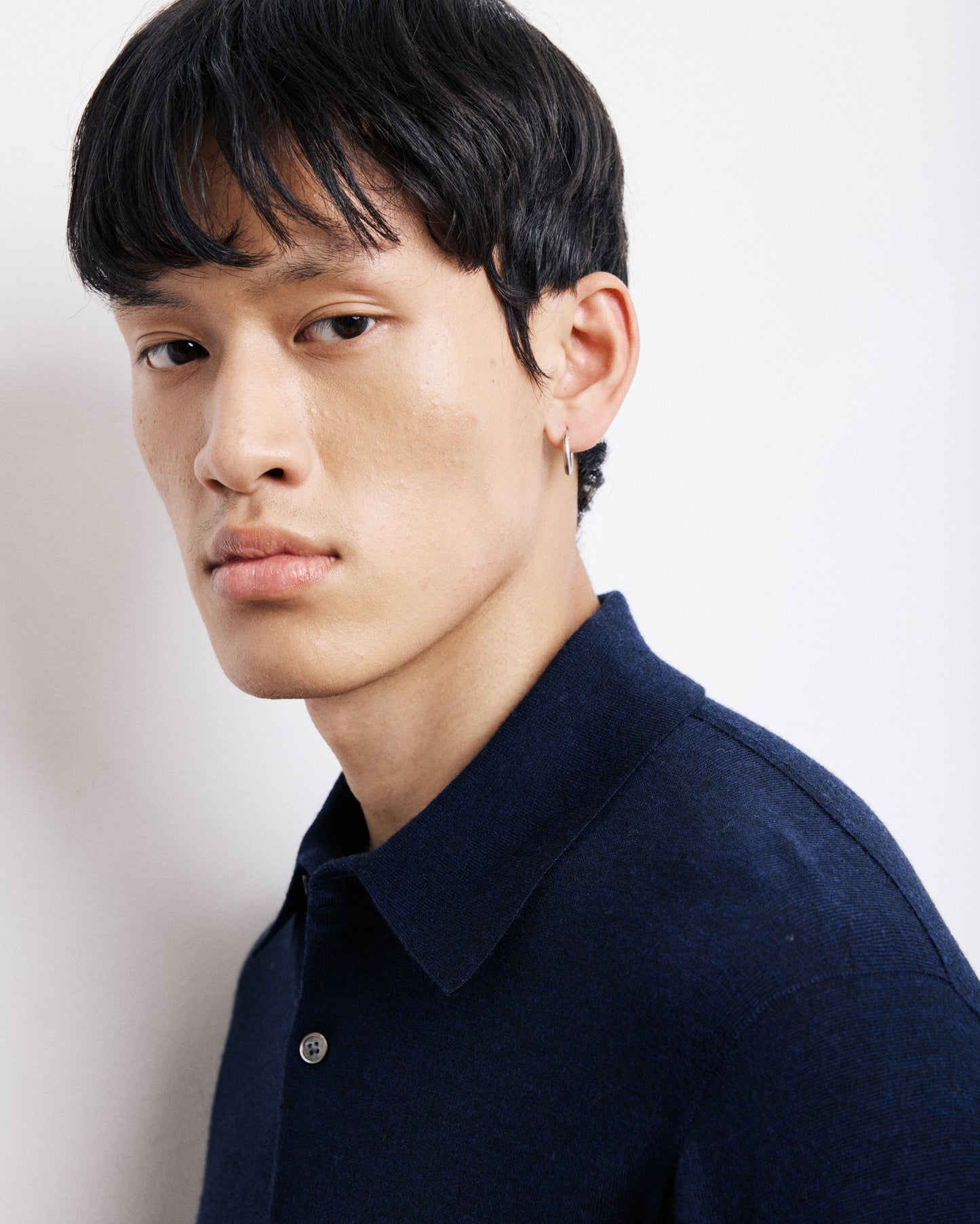 Pull Col Polo Homme en Fine Laine Mérinos Bleu Marine