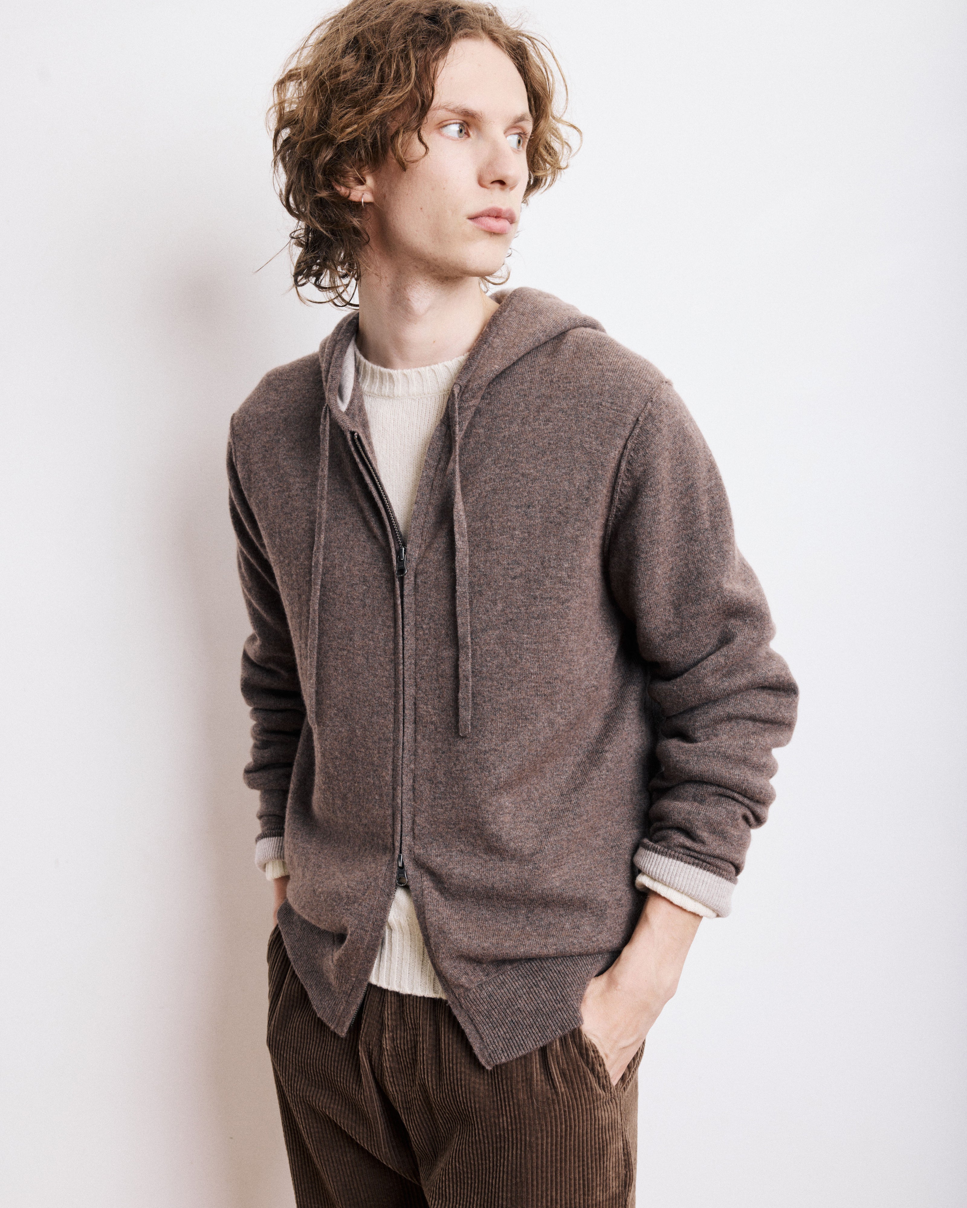 Pull à Capuche Homme en Laine & Cachemire Brun