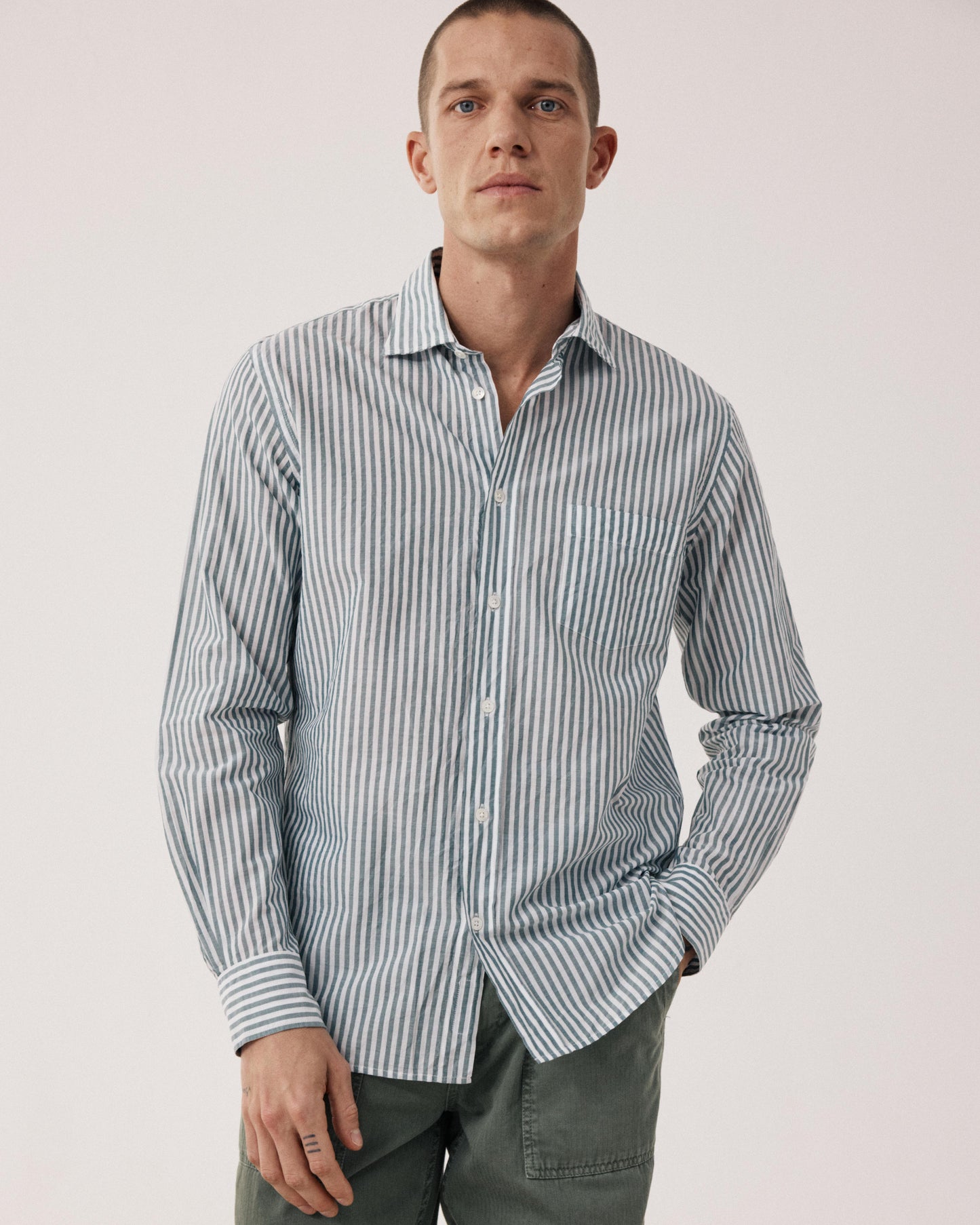 Chemise Homme en Fil-à-fil Rayé Vert & Blanc Paul