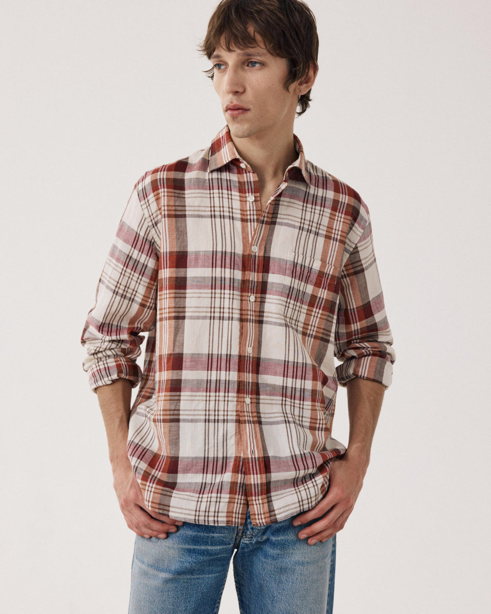 Chemise Homme en Lin & Coton Bordeaux & Beige Paul - Image principale