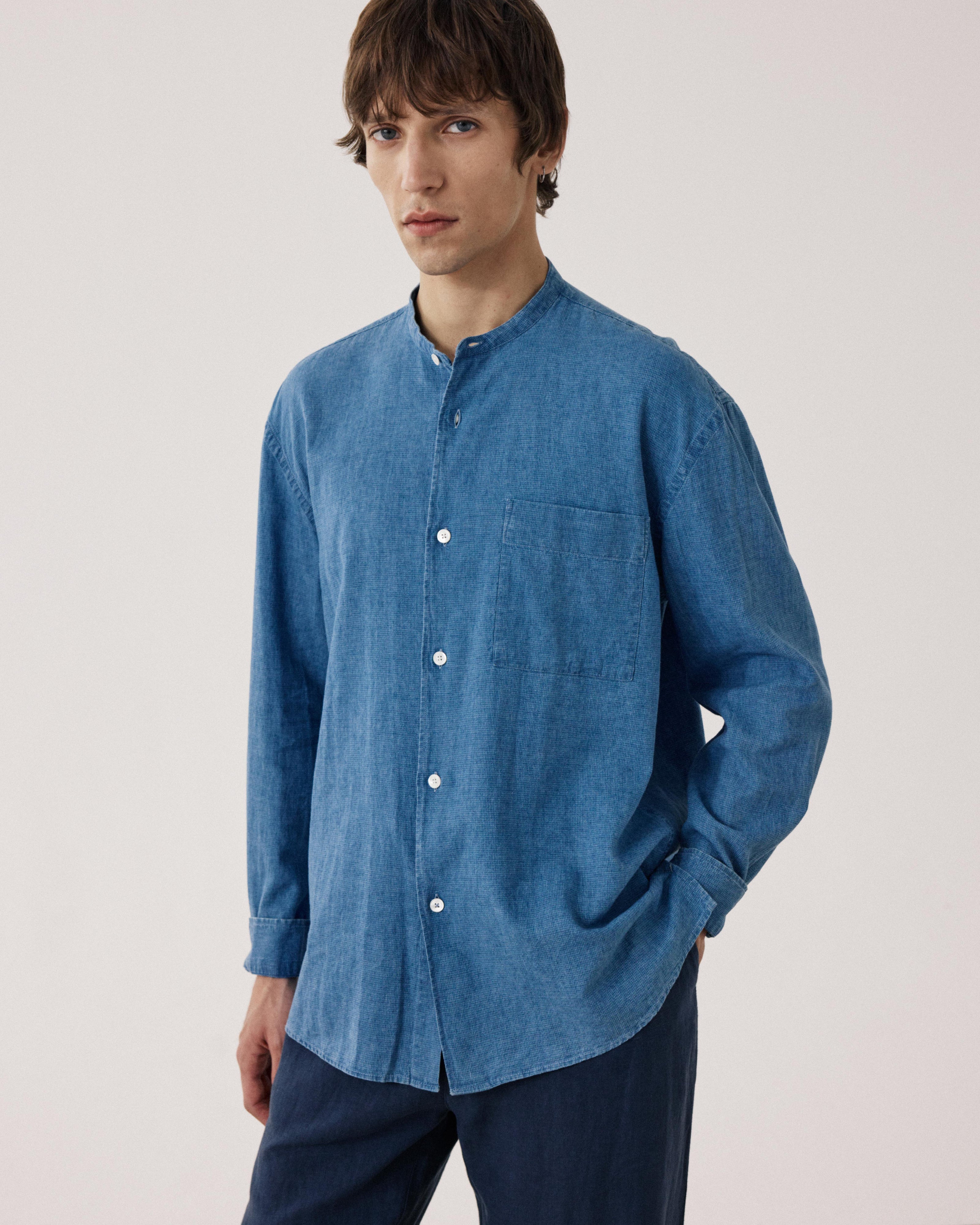 Camisa de hombre de Lino & Algodón azul índigo Fisher BF13025-04