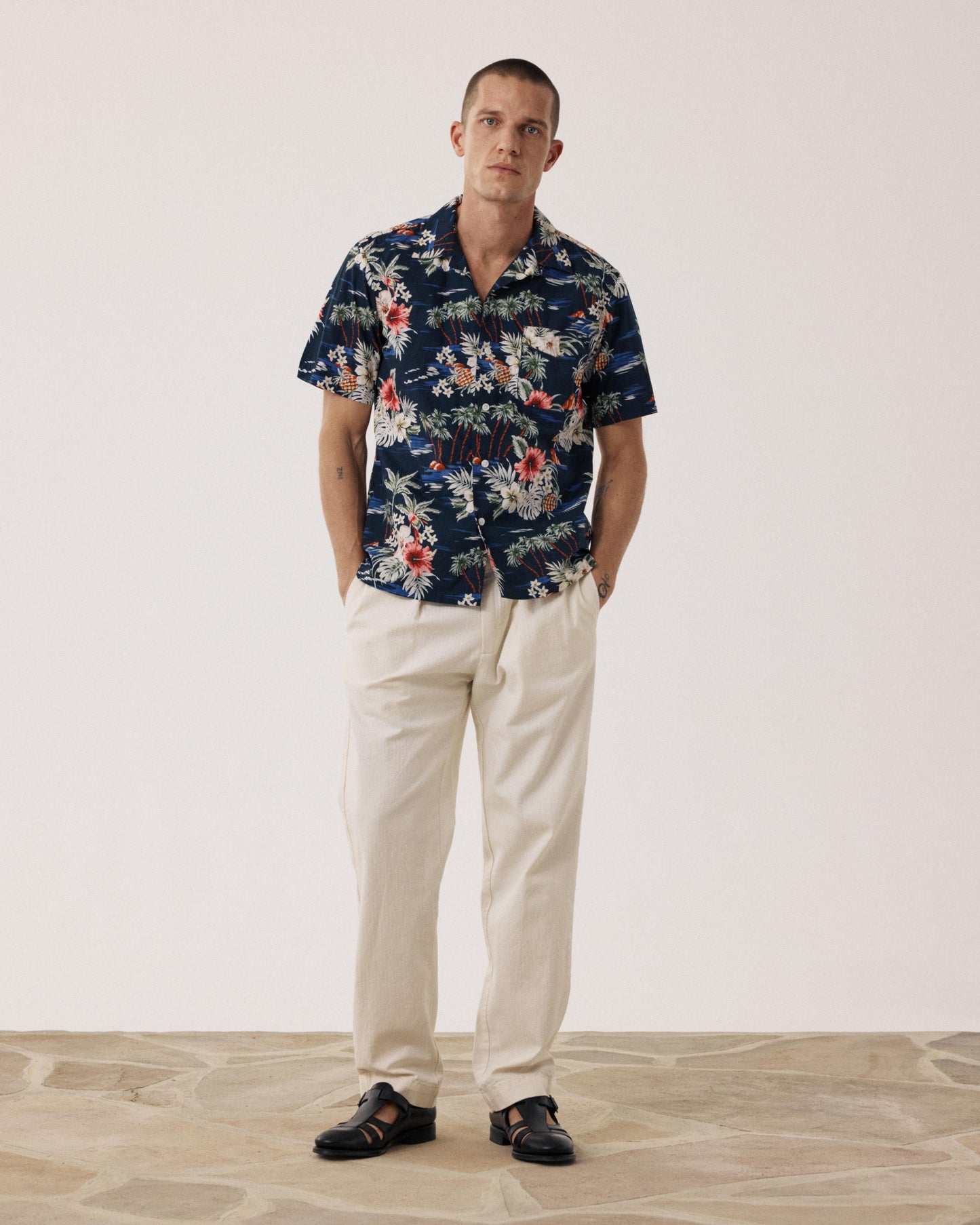 Camicia da uomo in cotone con stampa tropicale blu Palmito BF14032-01
