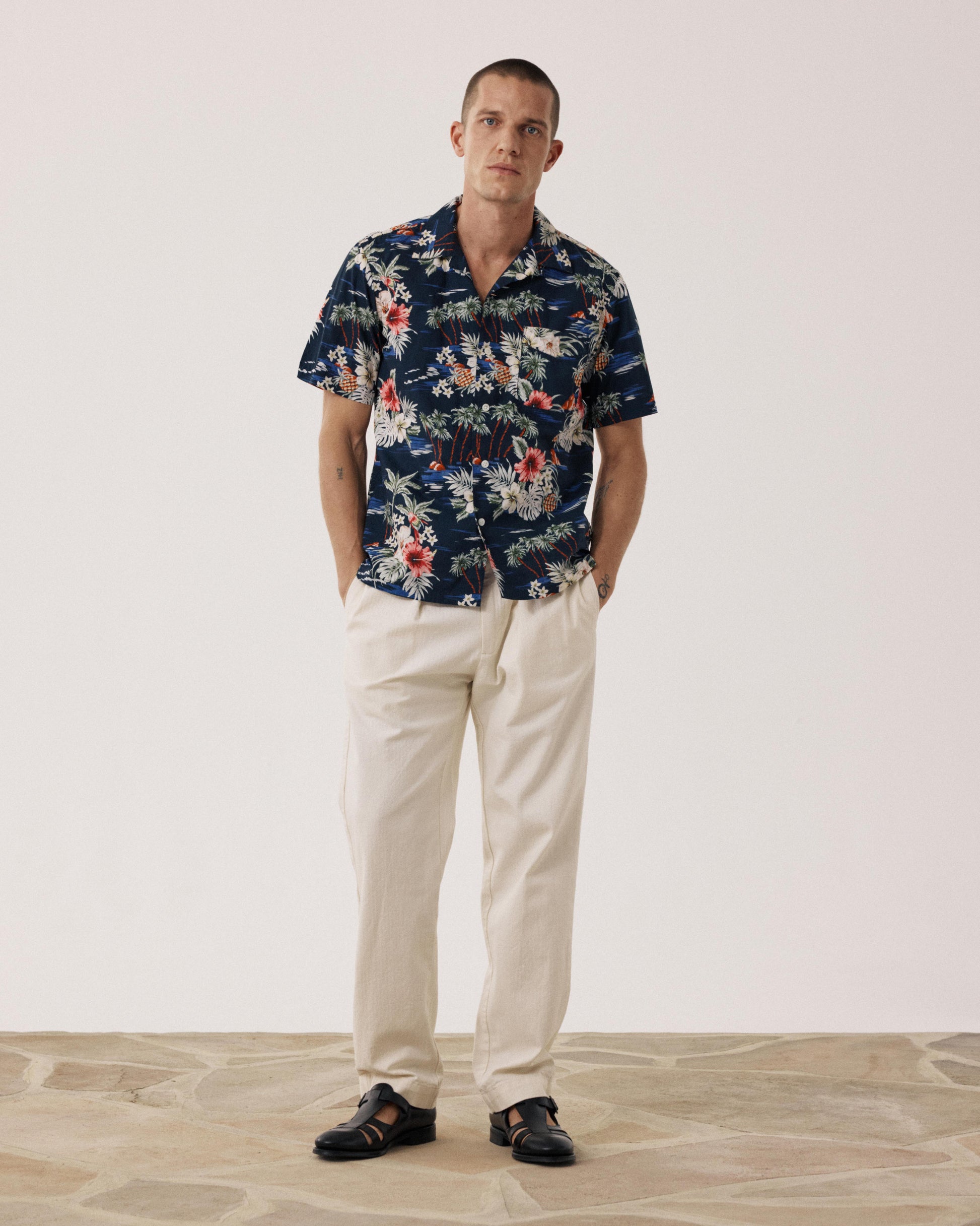 Camicia da uomo in cotone con stampa tropicale blu Palmito BF14032-01