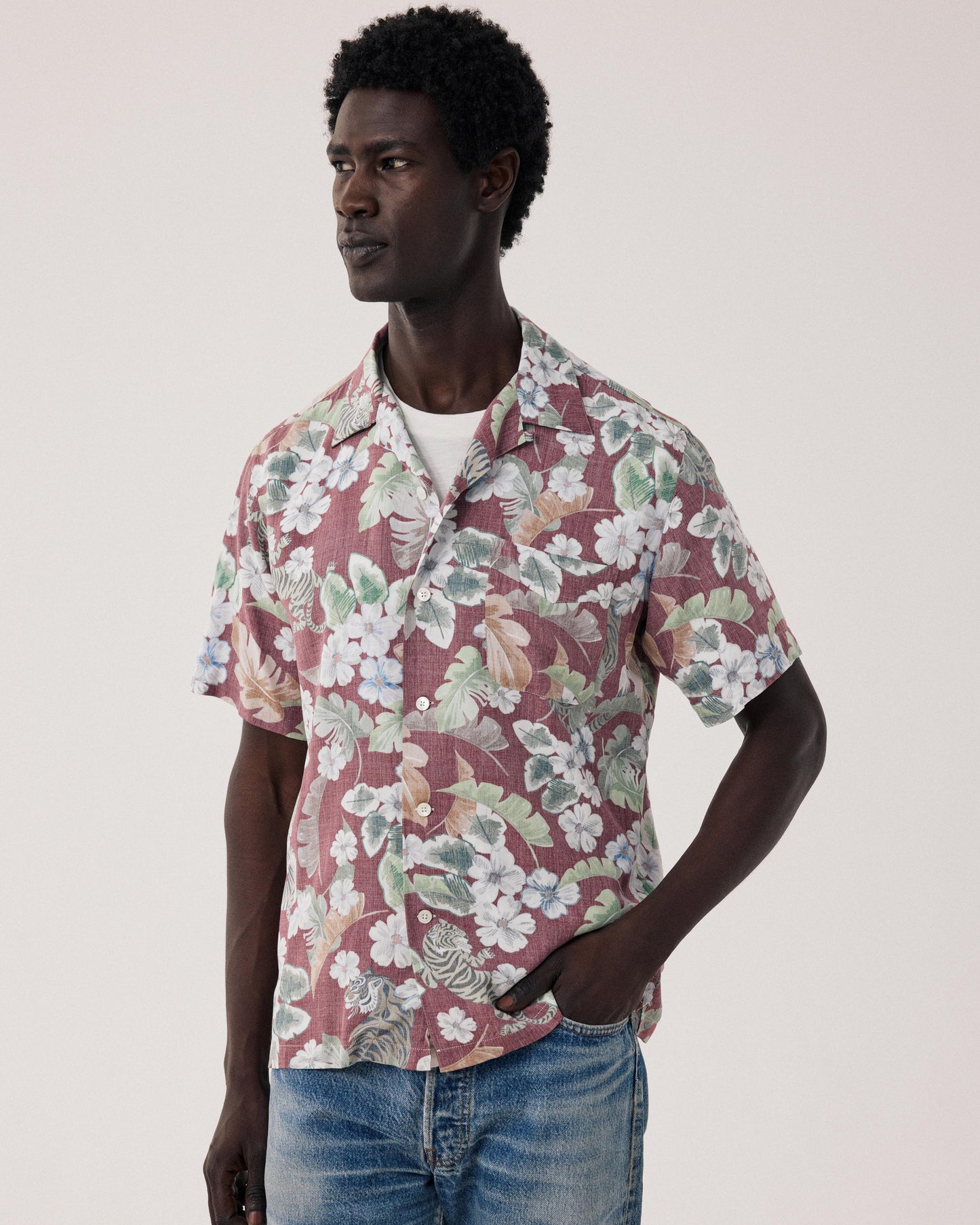 Men's Viscose Shirt with Hawaiian Print, Red Palmito BF14036-01