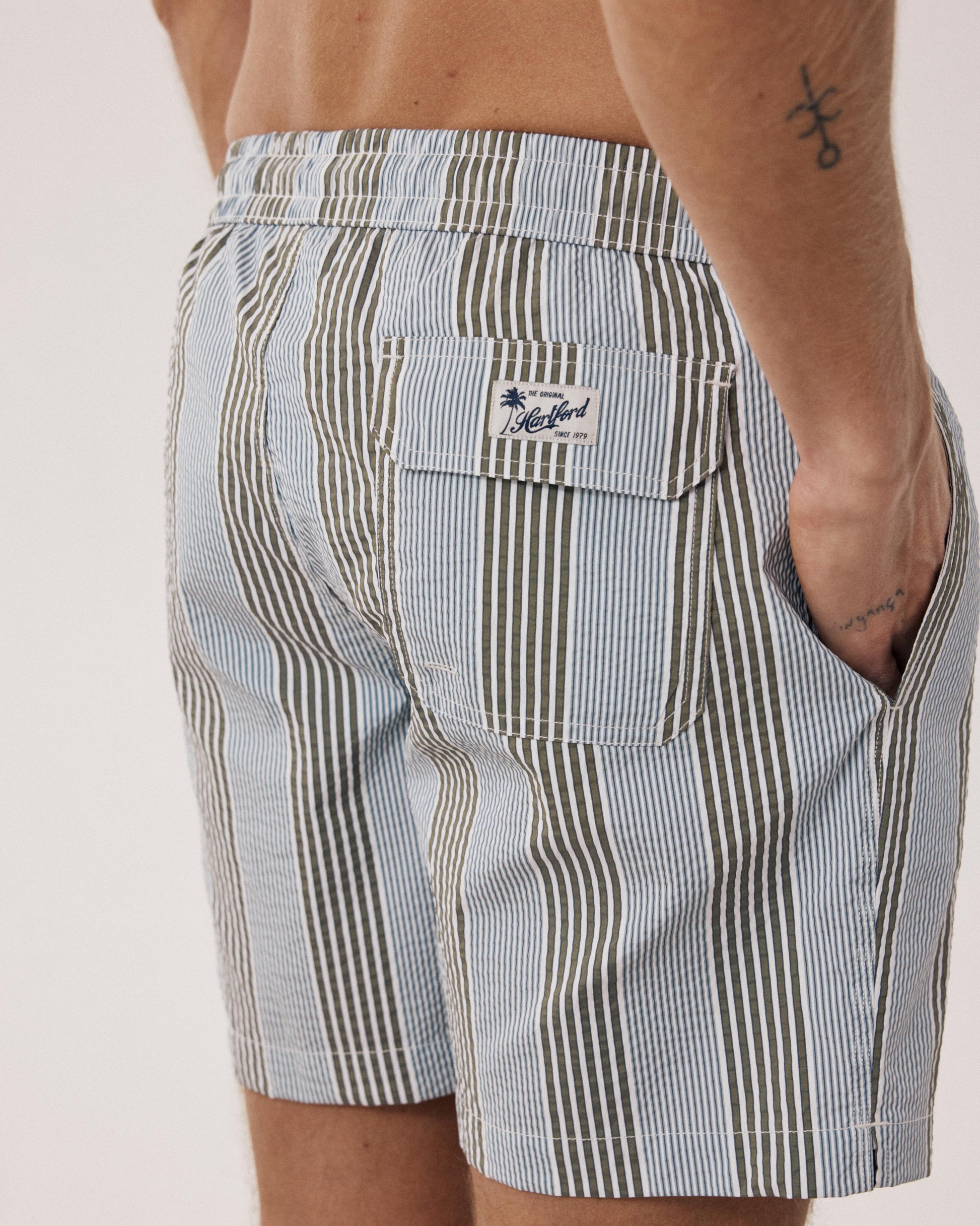 Men's Green Striped Seersucker Swim Trunks BF30205-01