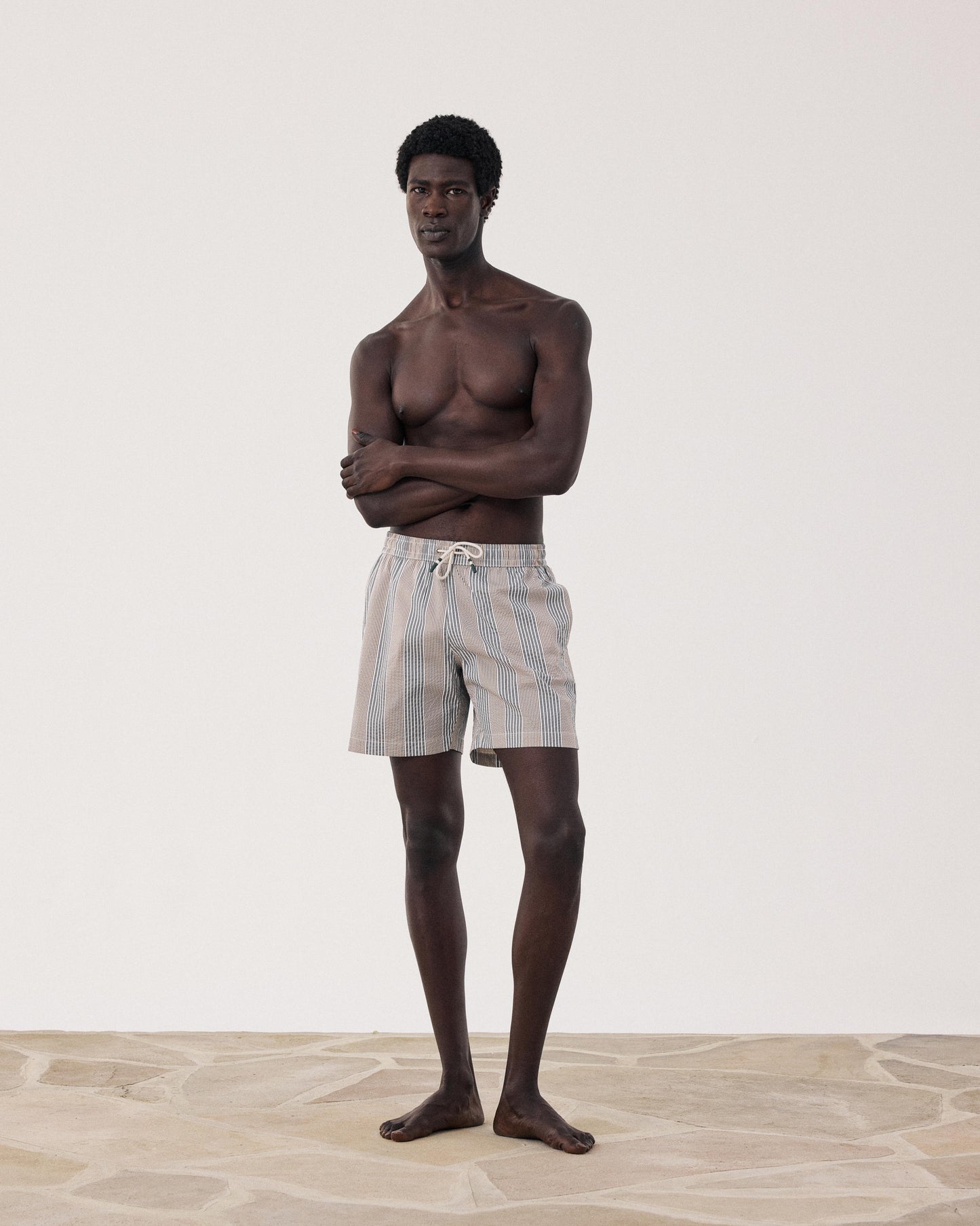 Men's Gray Striped Seersucker Swim Trunks BF30205-02