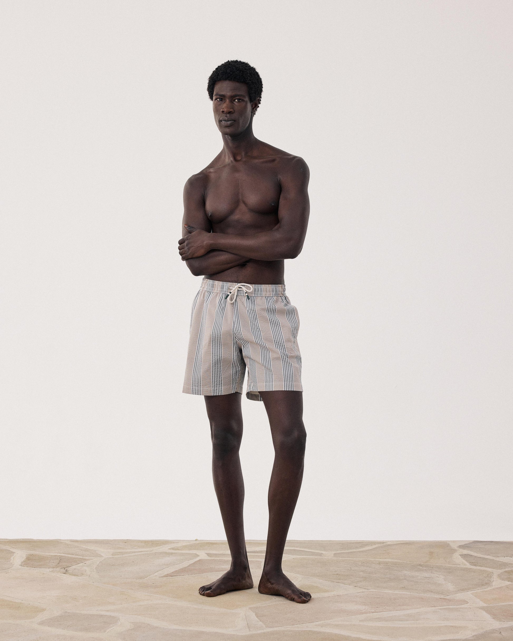 Men's Gray Striped Seersucker Swim Trunks BF30205-02