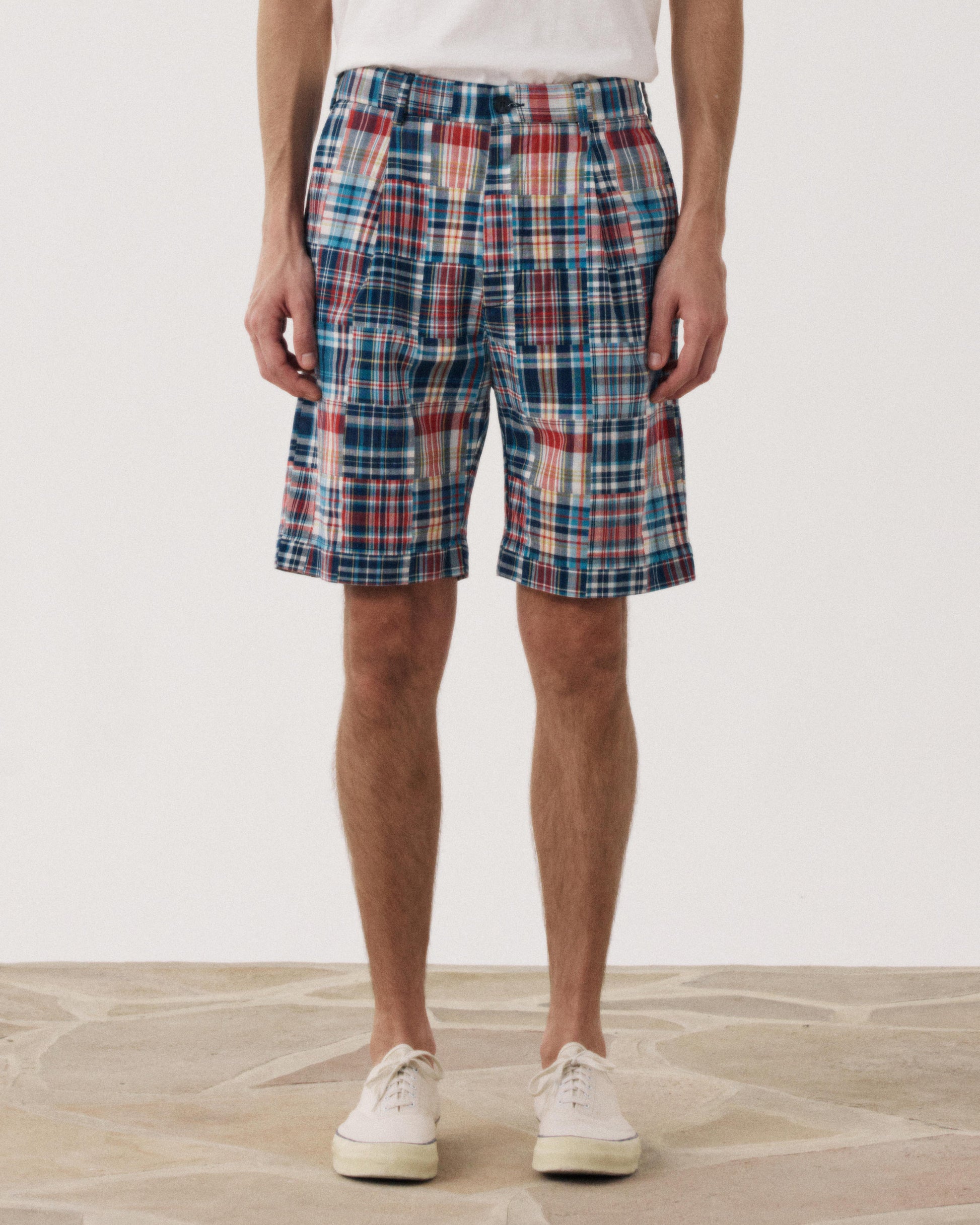 Men's Blue & Red Patchwork Checkered Cotton Shorts Task BF54119-01