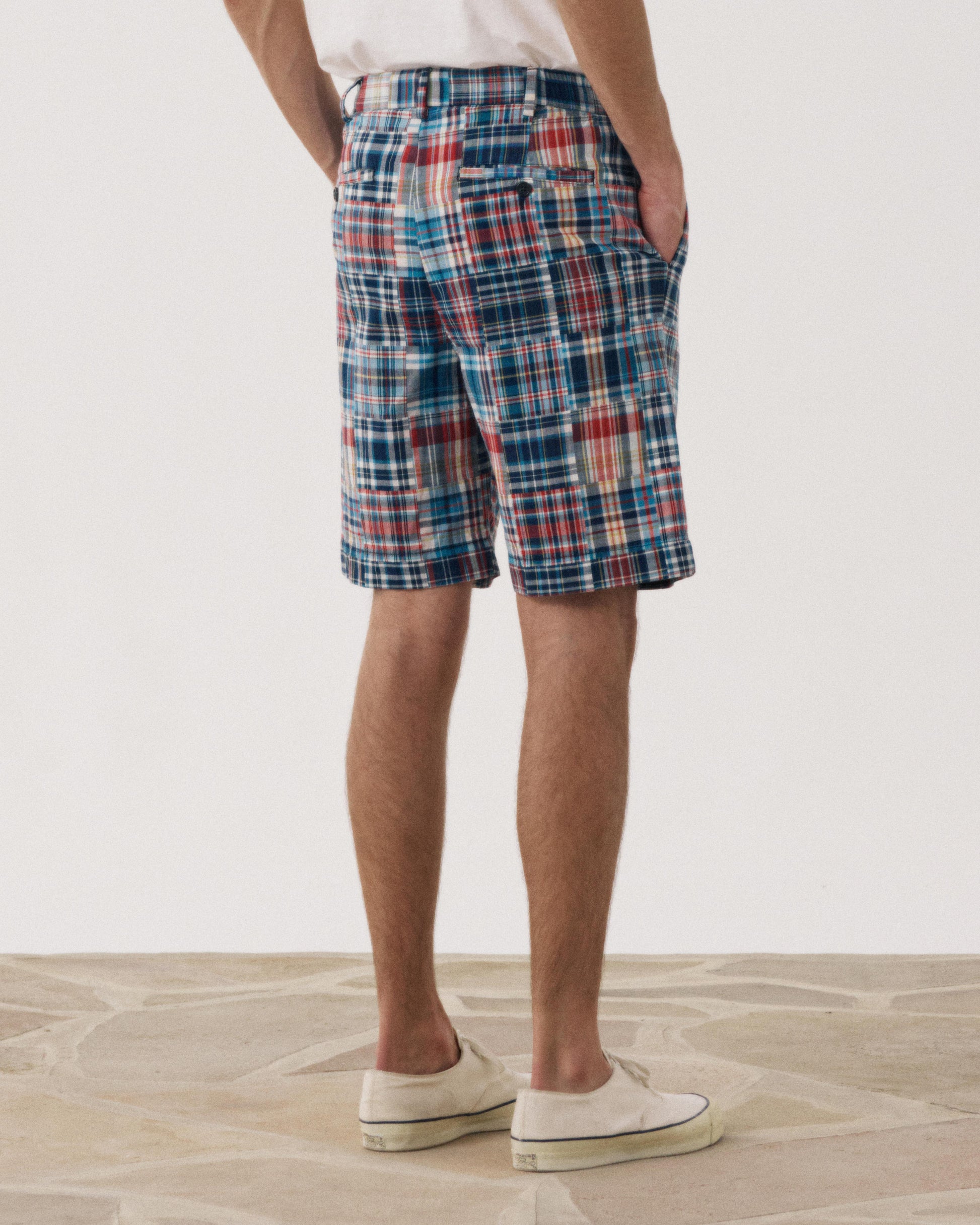 Men's Blue & Red Patchwork Checkered Cotton Shorts Task BF54119-01