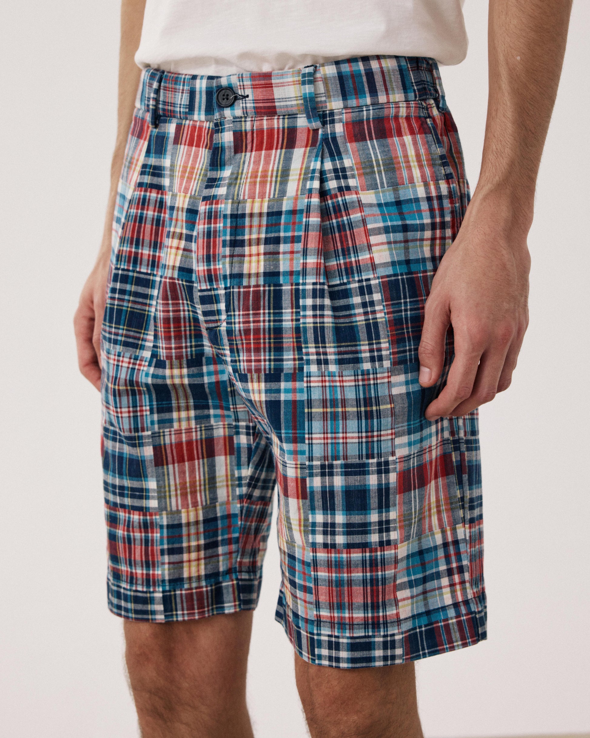 Men's Blue & Red Patchwork Checkered Cotton Shorts Task BF54119-01