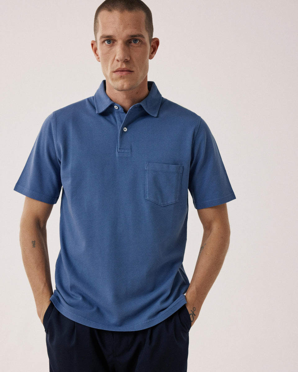 Polo Homme en Coton Piqué Bleu Denim - Image principale