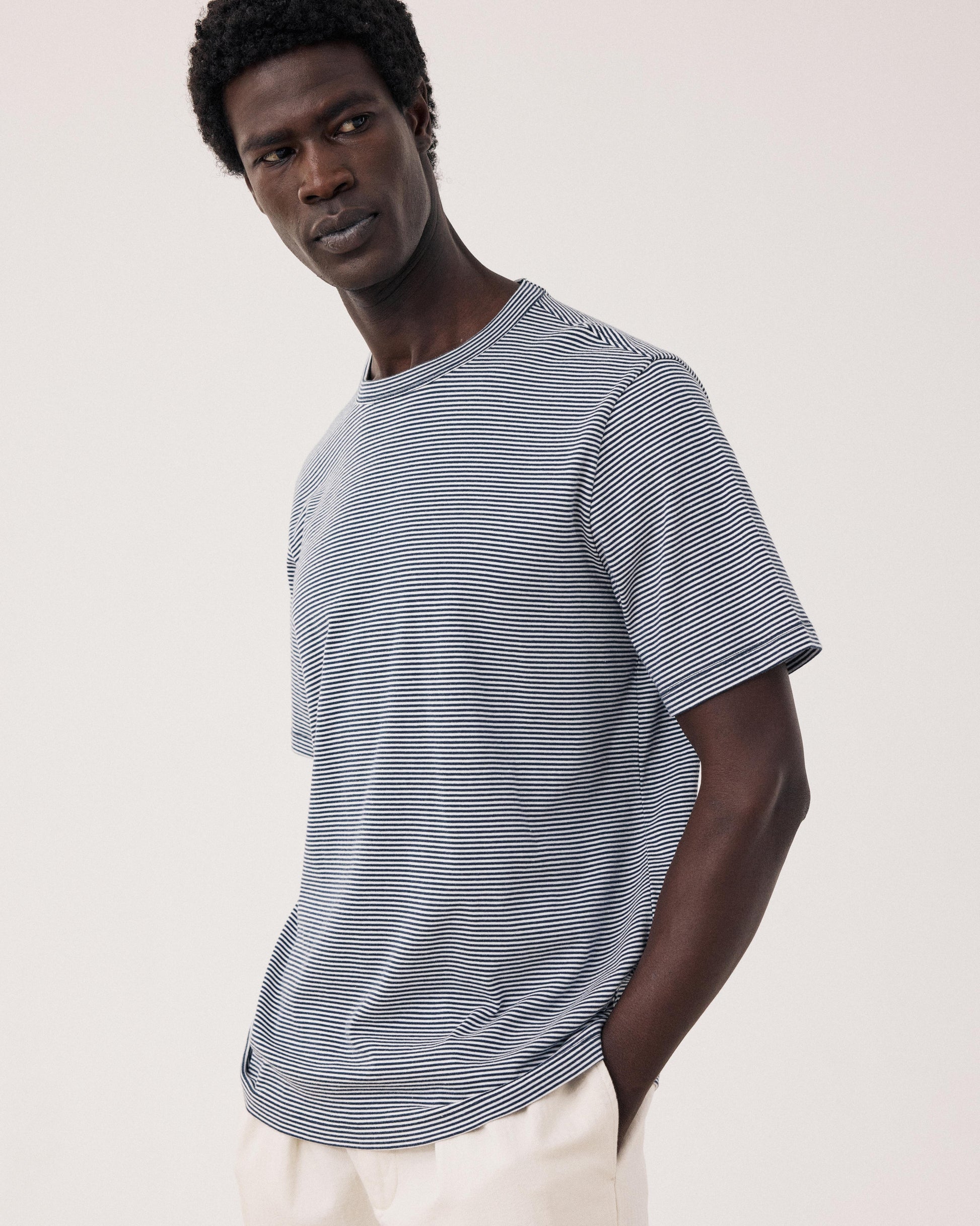 T-shirt Homme en Jersey Rayé Marine & Blanc BF89309-01