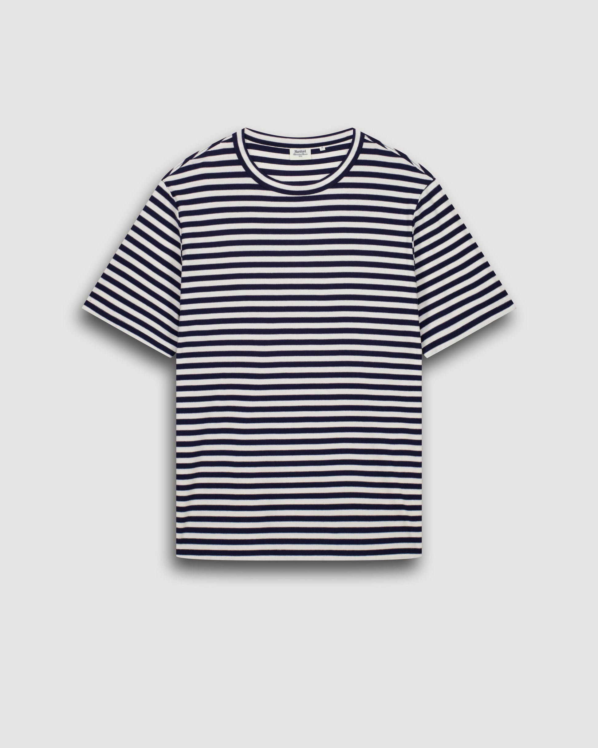 Herren-T-Shirt aus gestreiftem Jersey in Marineblau und Ecru BF89309-02